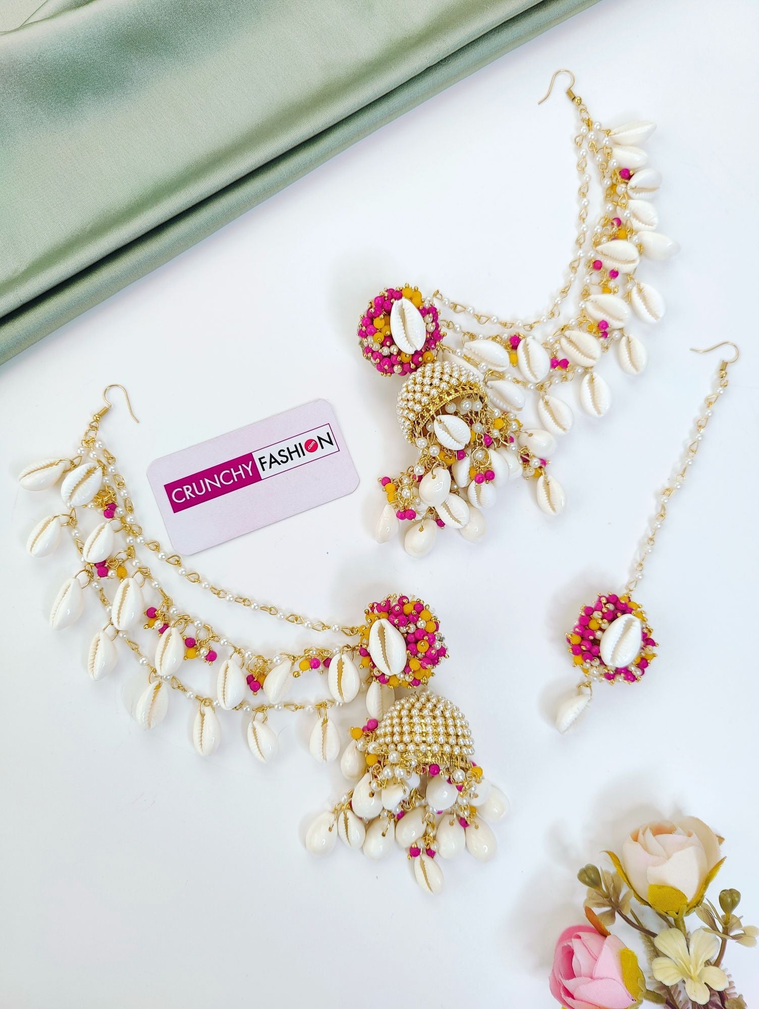 Yellow-Pink Sea Shell Haldi Mehndi Jewellery Set