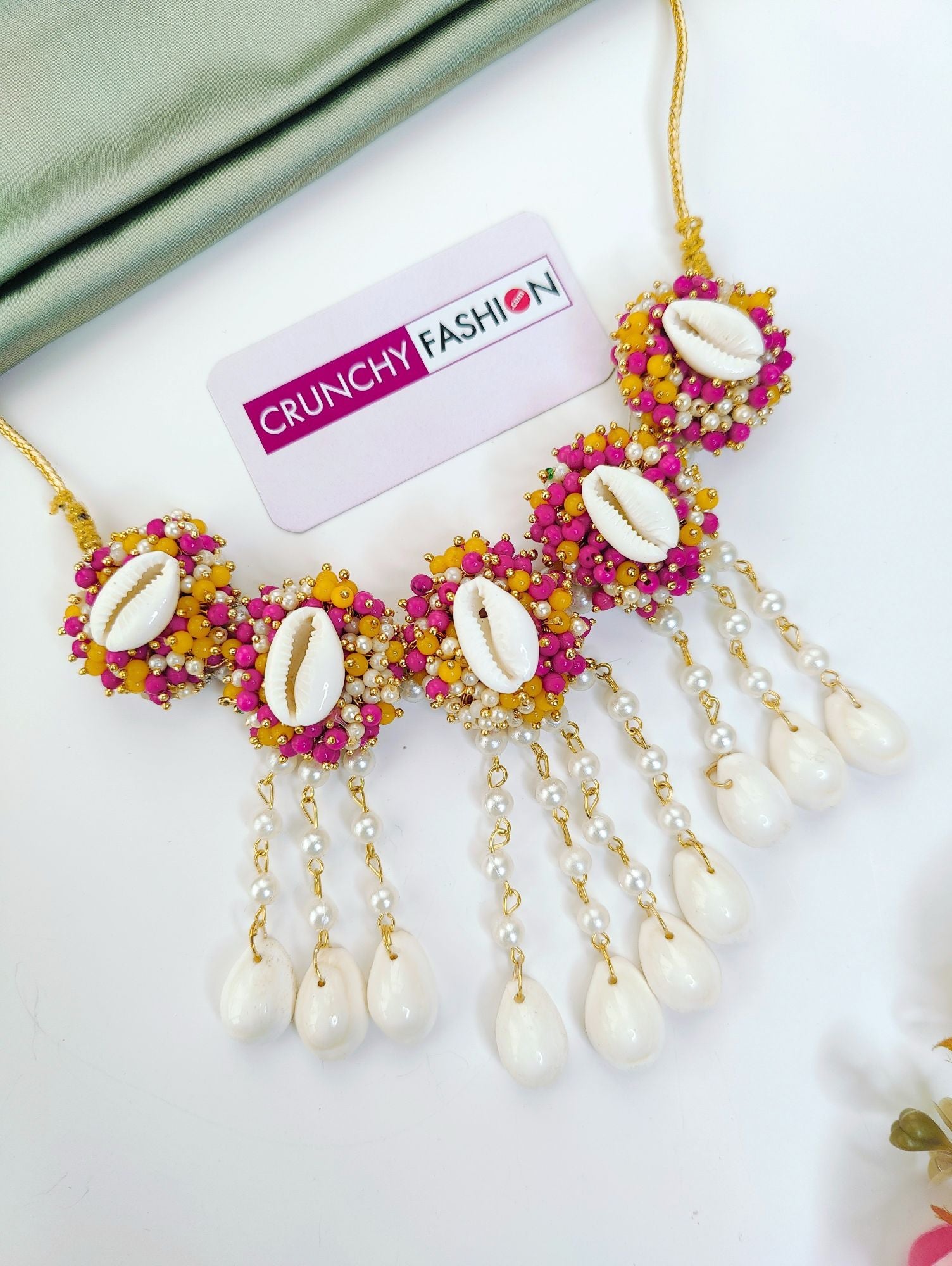 Yellow-Pink Sea Shell Haldi Mehndi Jewellery Set
