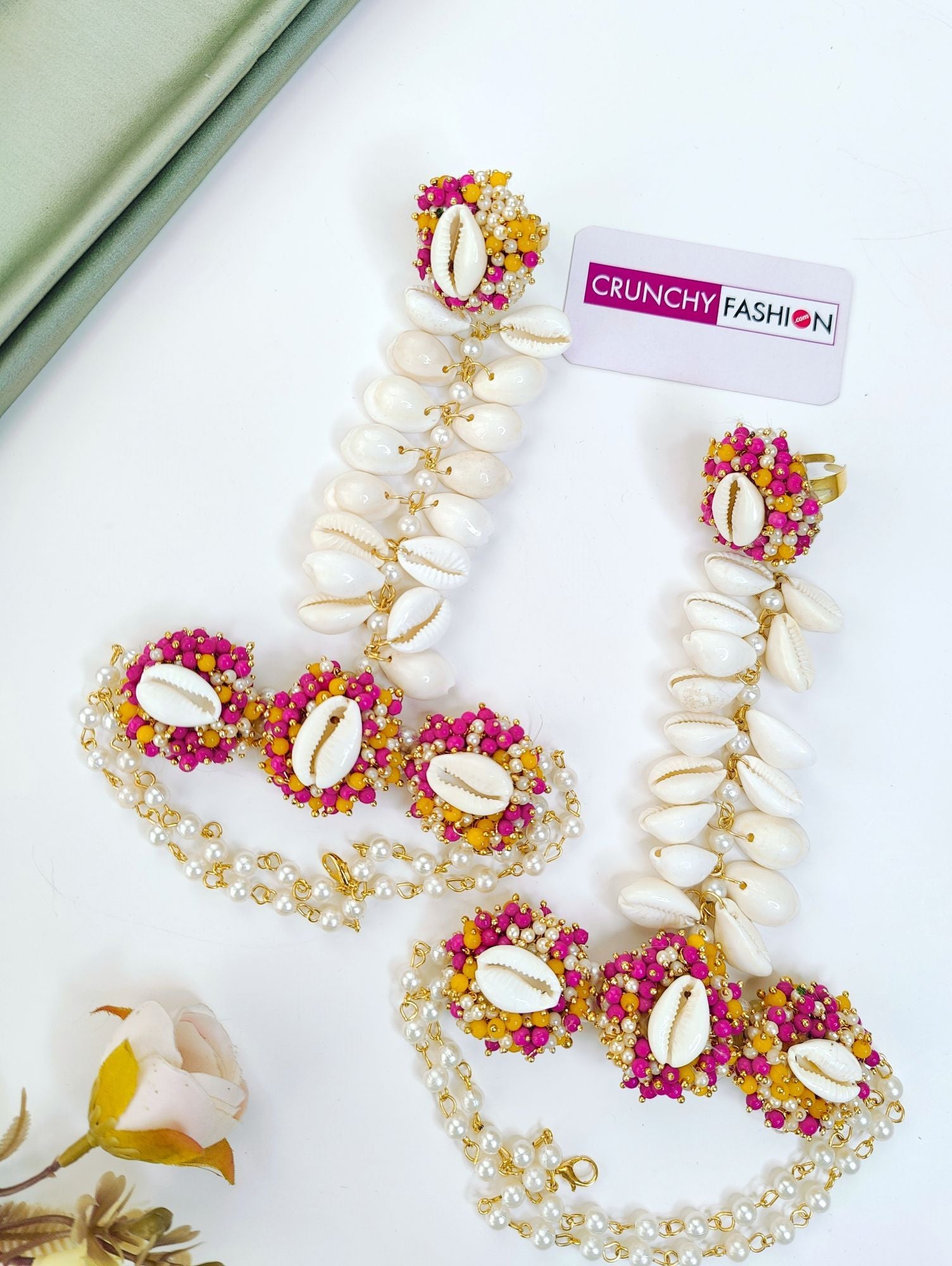 Yellow-Pink Sea Shell Haldi Mehndi Jewellery Set
