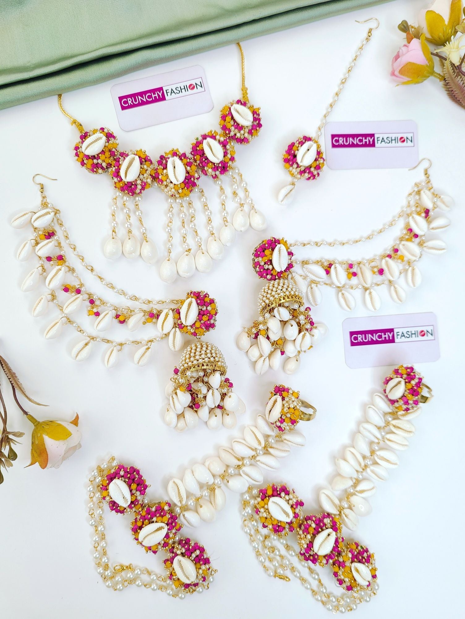 Yellow-Pink Sea Shell Haldi Mehndi Jewellery Set
