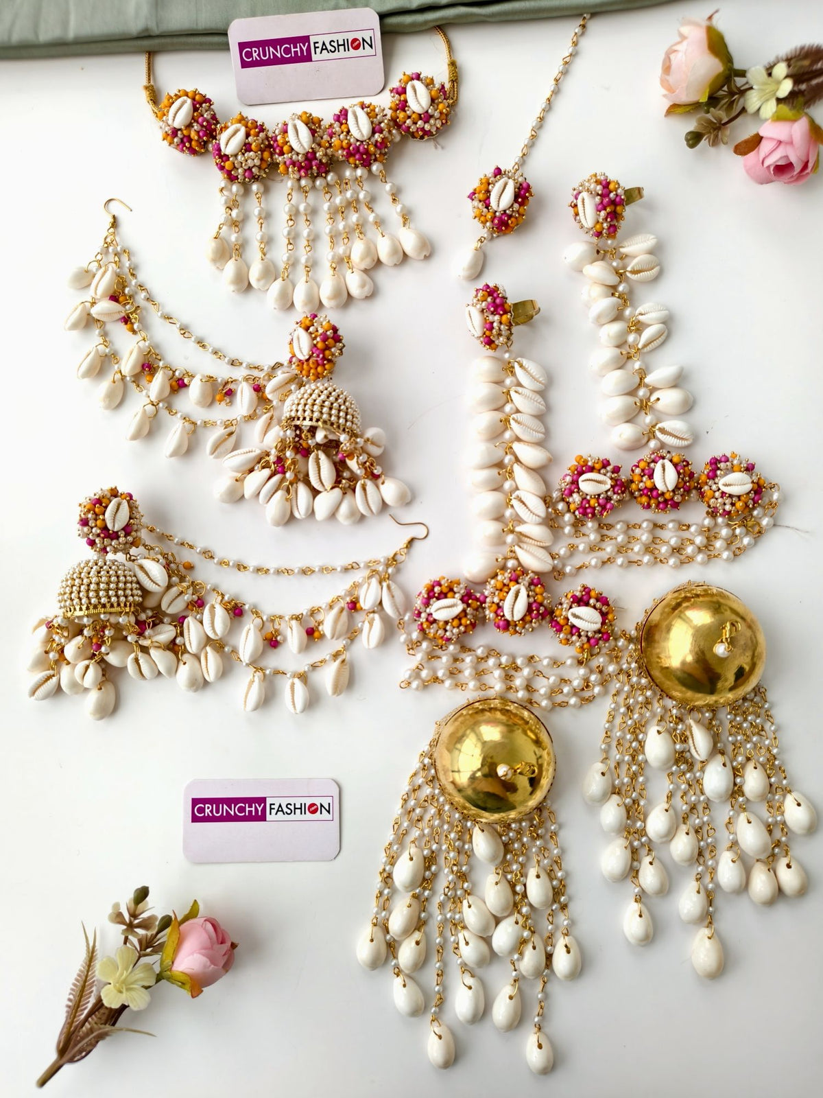 Yellow-Pink Sea Shell Haldi Mehndi Jewellery Set