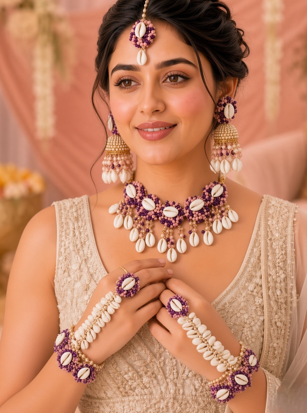 Lavender-PInk  Sea Shell Haldi Mehndi Jewellery Set