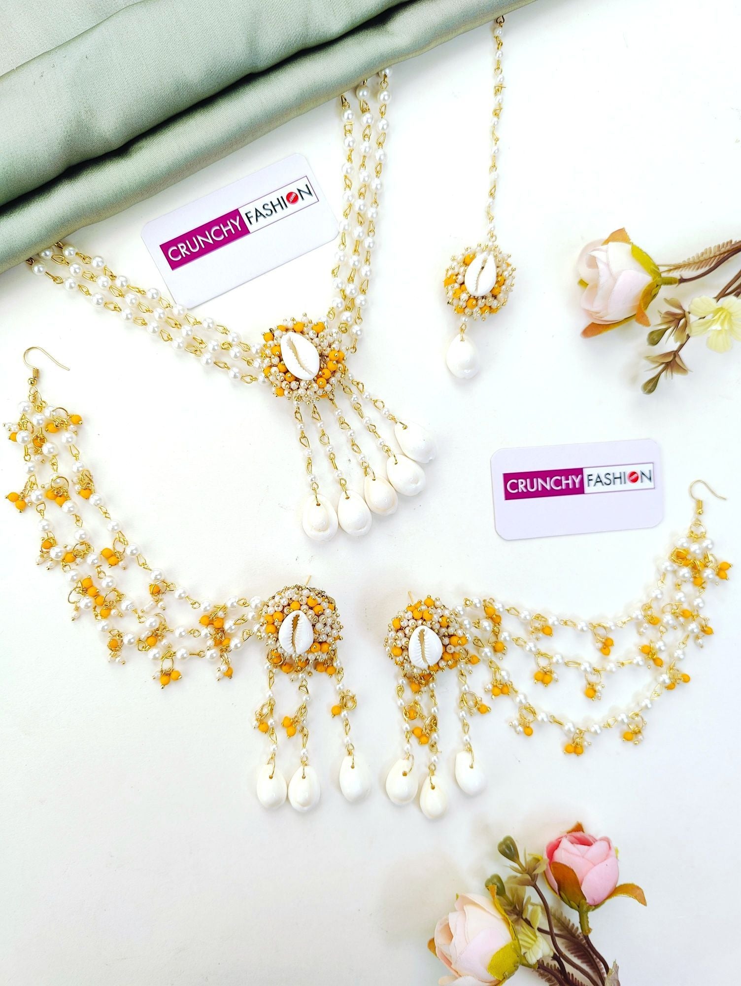 Yellow white haldi mehndi jewellery set with sea shells, pearls, flower design, ideal for women, gold plated, 2026