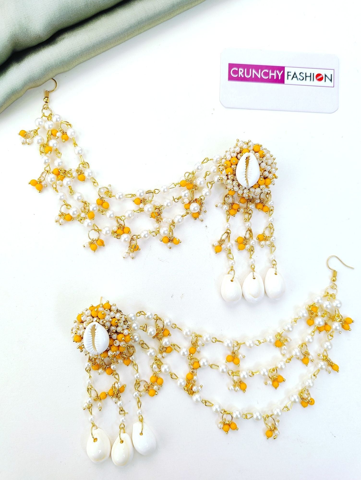 Yellow white haldi mehndi jewellery set with sea shells, pearls, flower design, ideal for women, gold plated, 2026