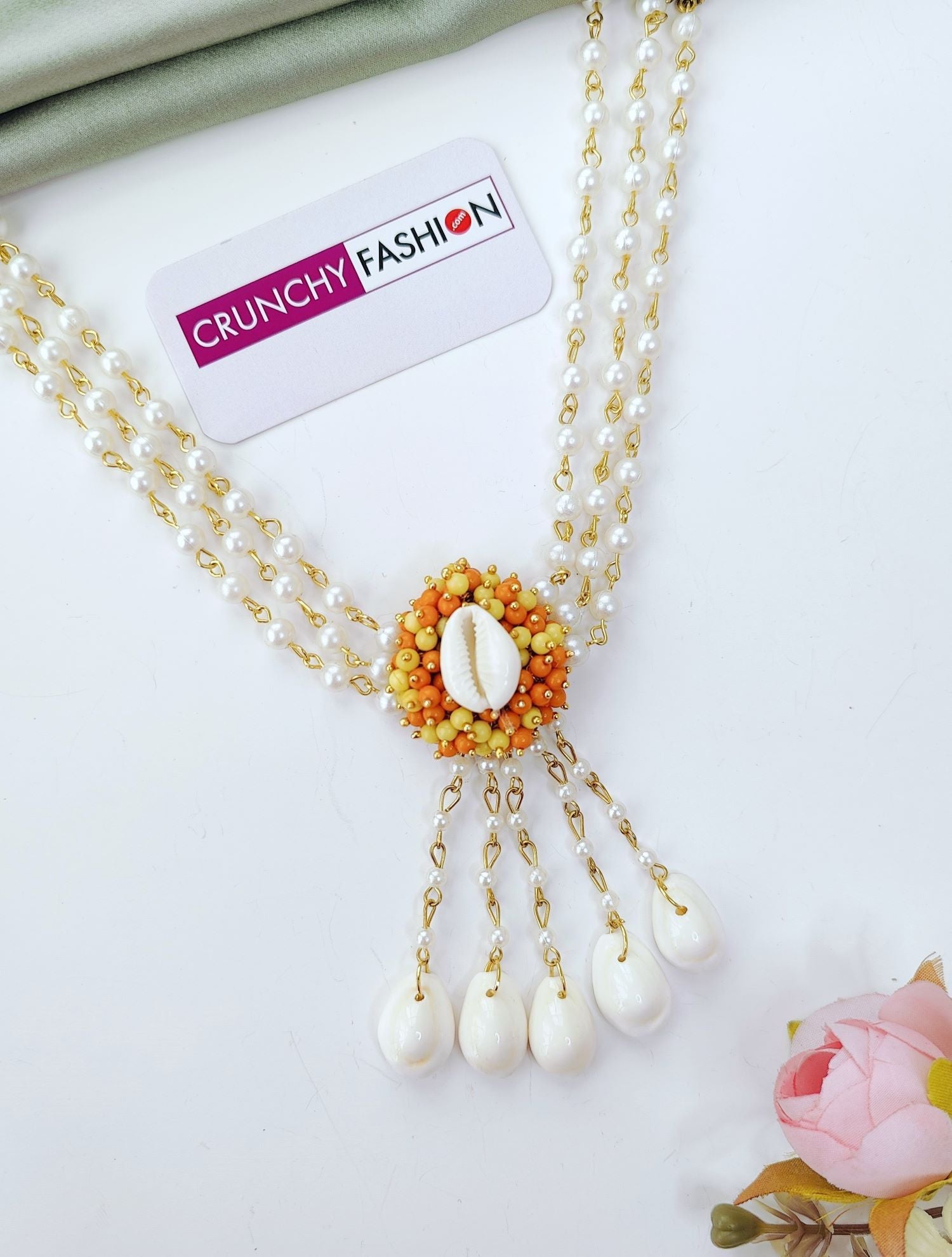 handmade orange sea shell jewellery set for haldi and mehndi