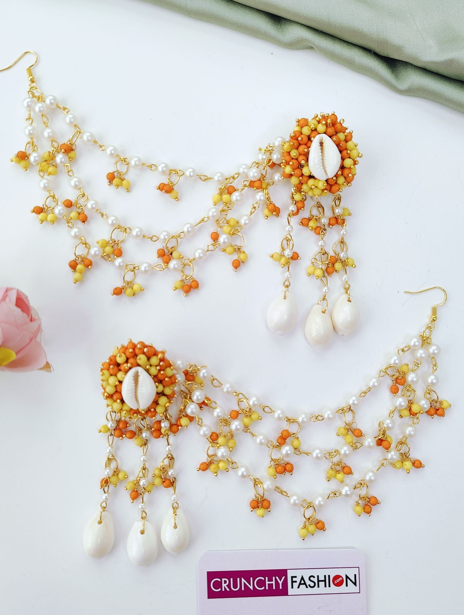 handmade orange sea shell jewellery set for haldi and mehndi