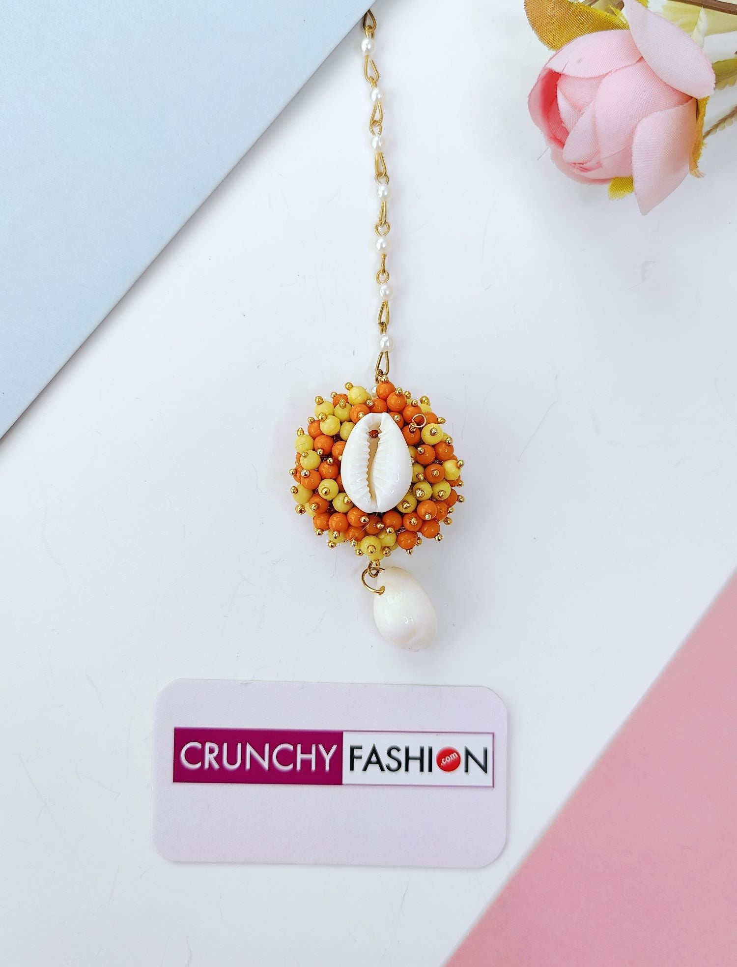 handmade orange sea shell jewellery set for haldi and mehndi