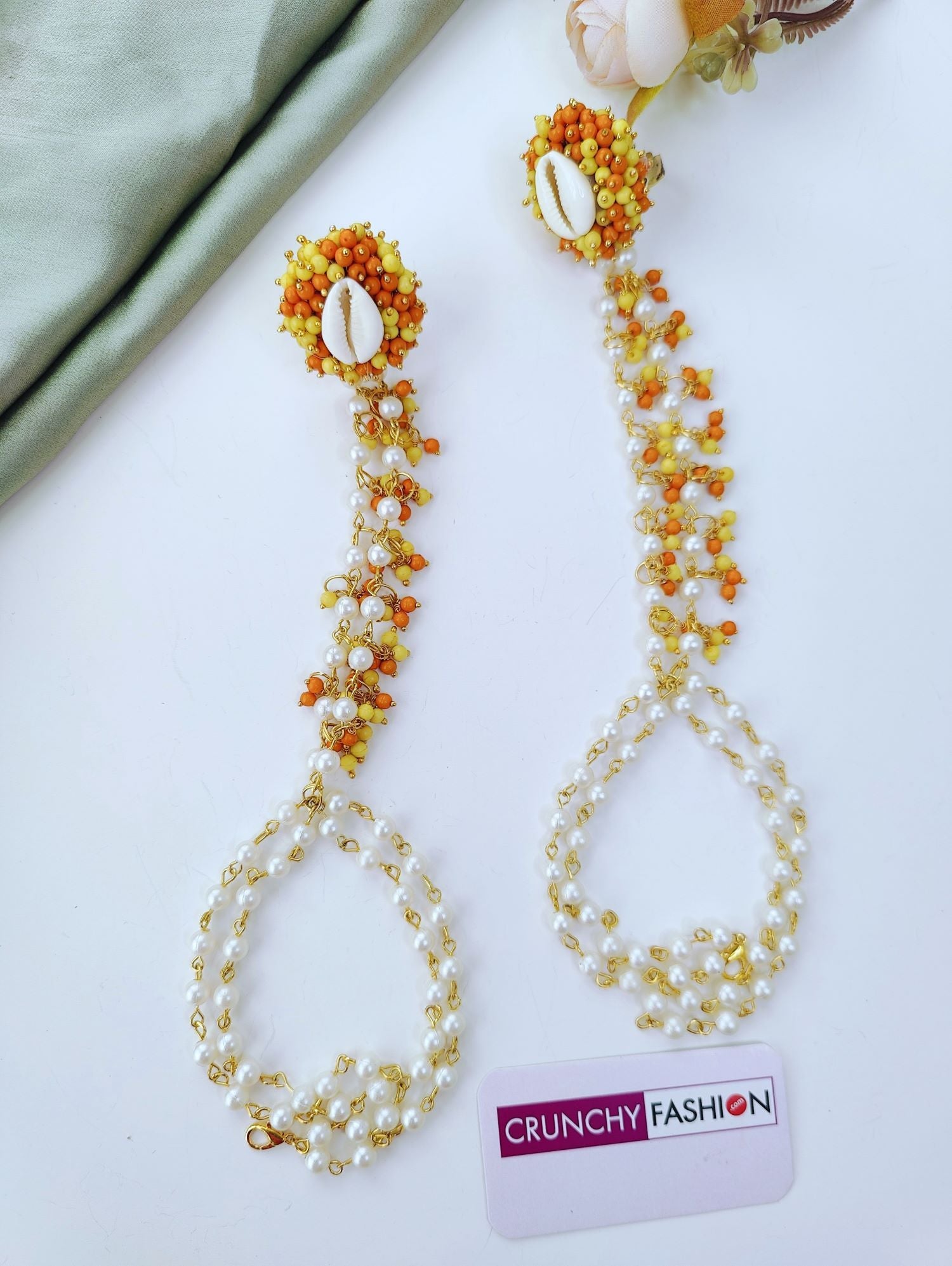 handmade orange sea shell jewellery set for haldi and mehndi