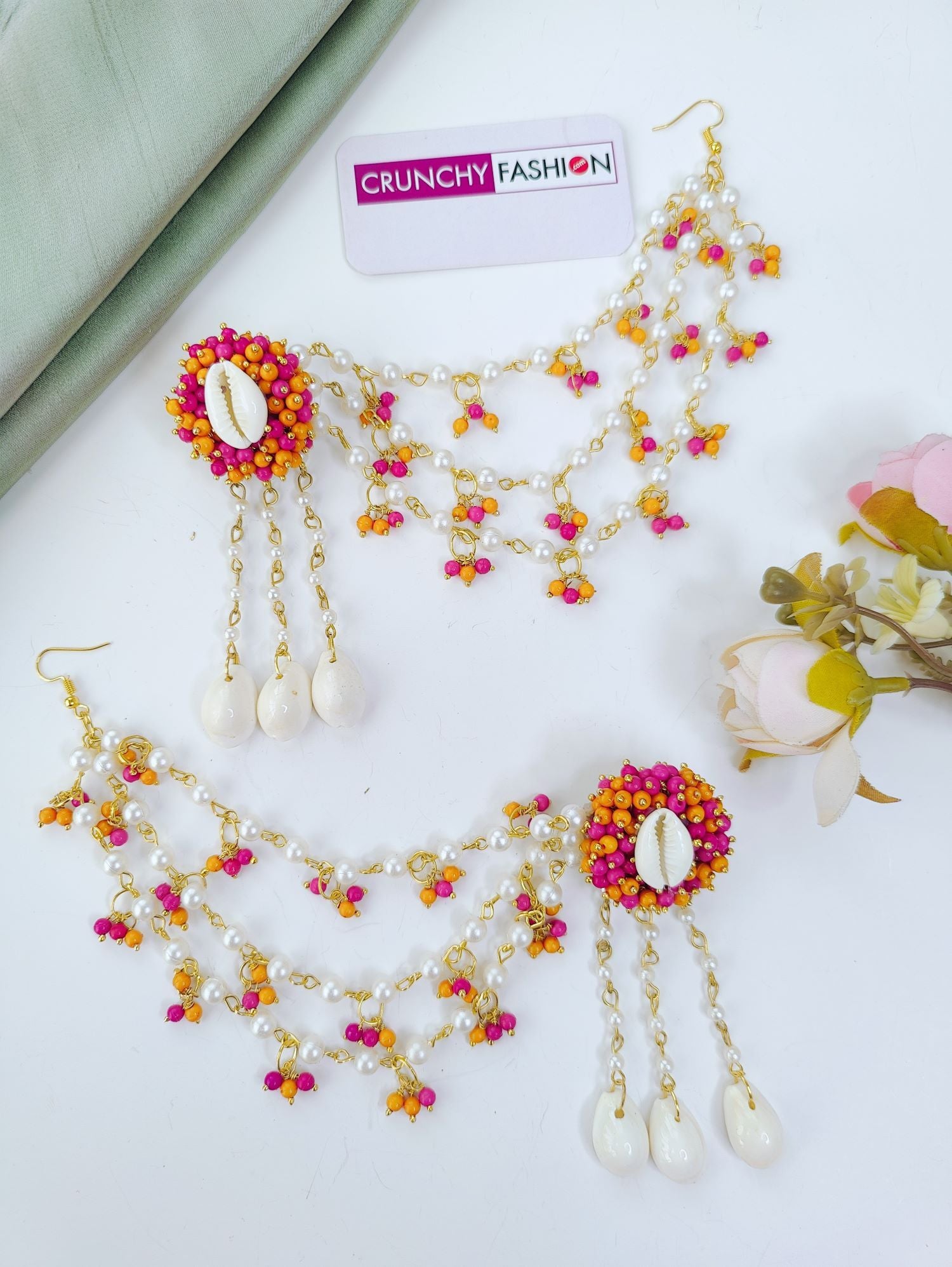 pink sea shell jewellery set for haldi & mehndi with pearls