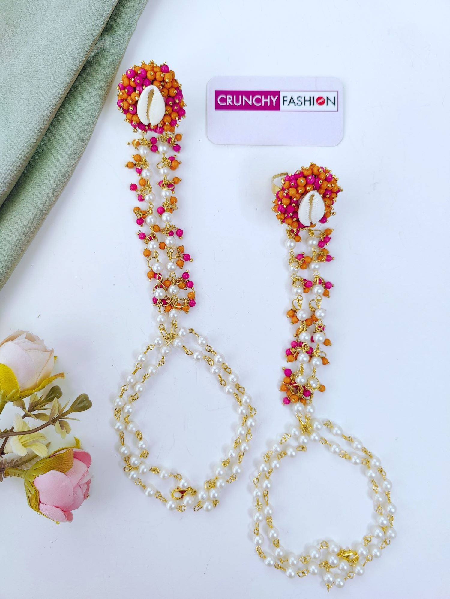 pink sea shell jewellery set for haldi & mehndi with pearls