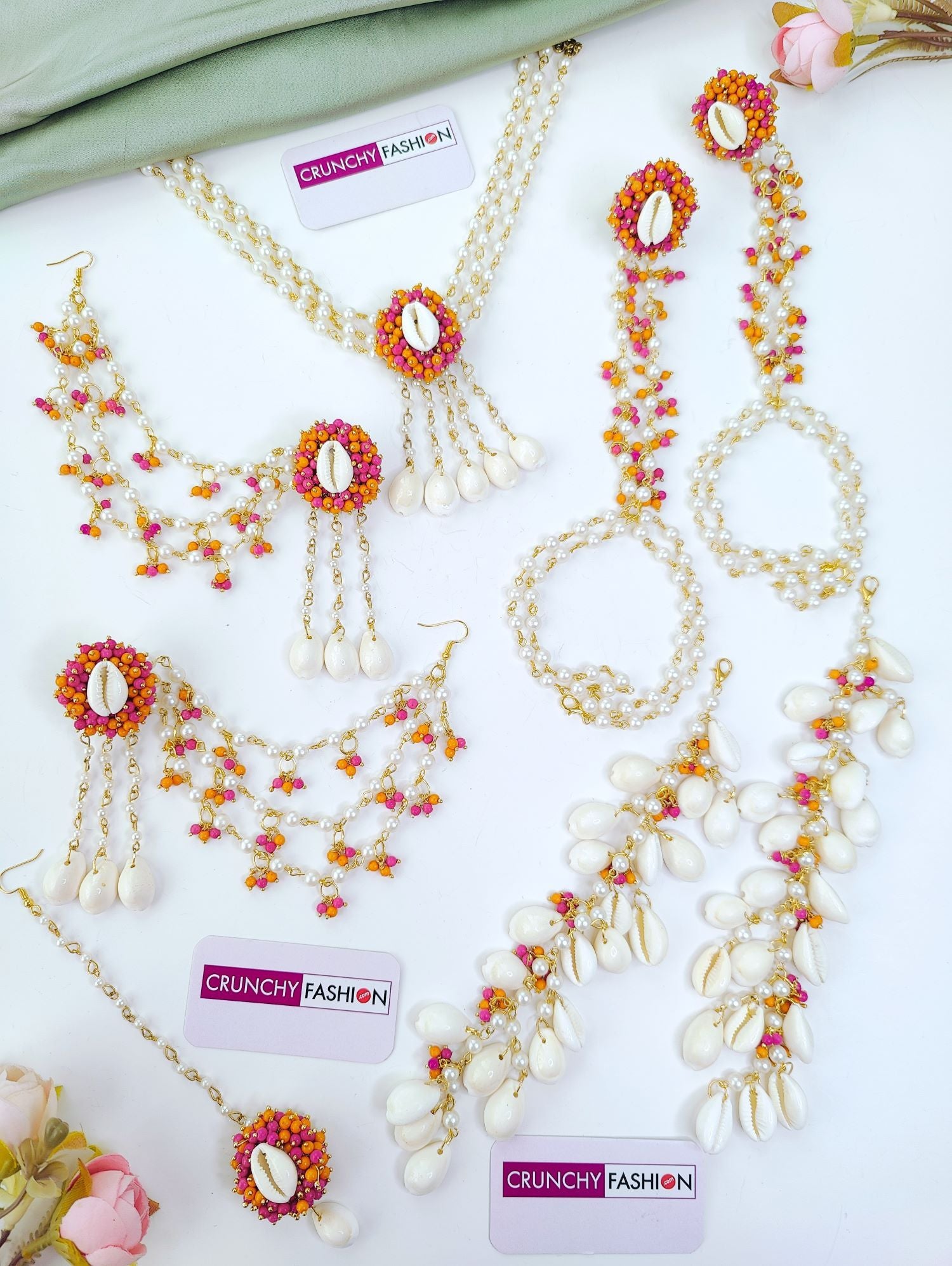 pink sea shell jewellery set for haldi & mehndi with pearls