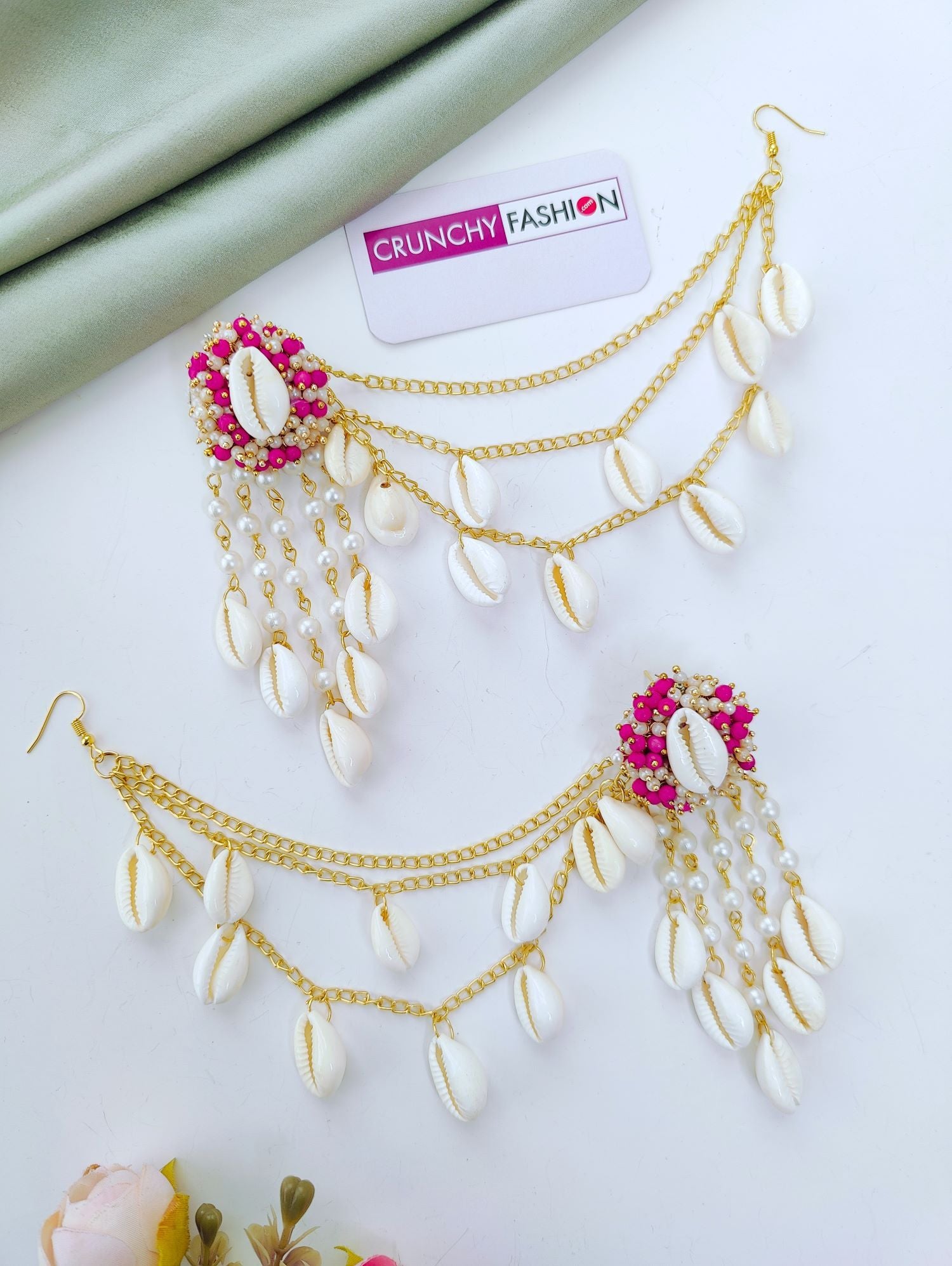 Bridal pink haldi jewellery set with sea shells, pink-white pearls; trending shell floral set for haldi-mehndi 2026