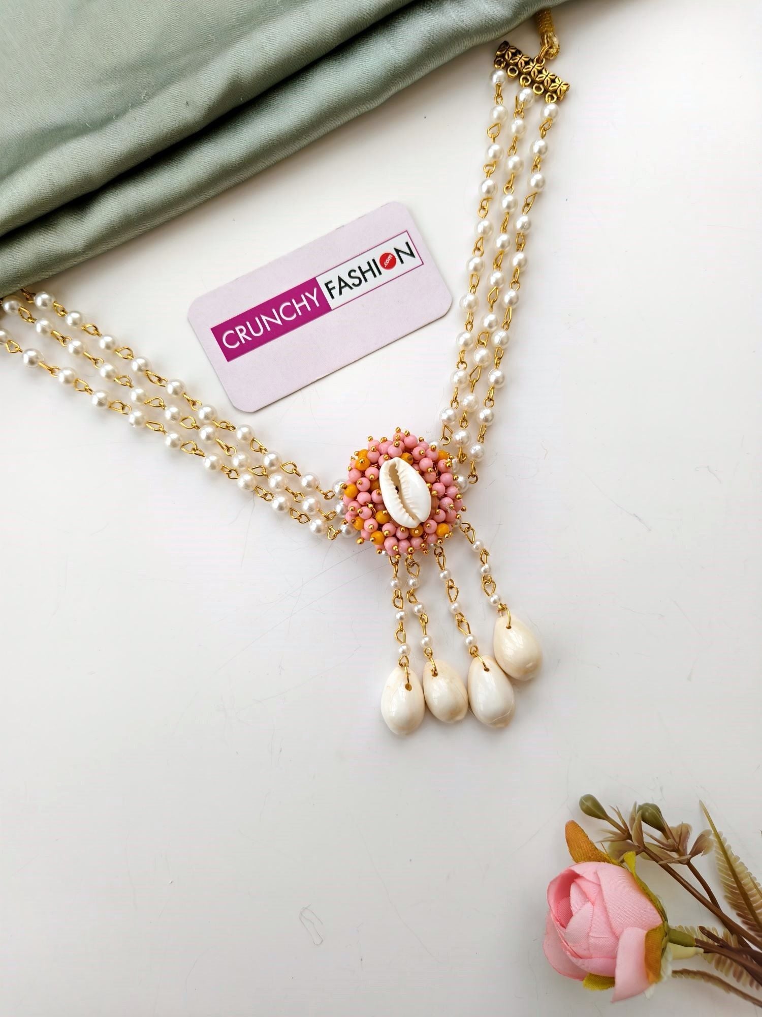 Yellow-PinkPearl & Sea Shell Jewellery Set for women, handmade seashell jewelry with gold plating, floral design