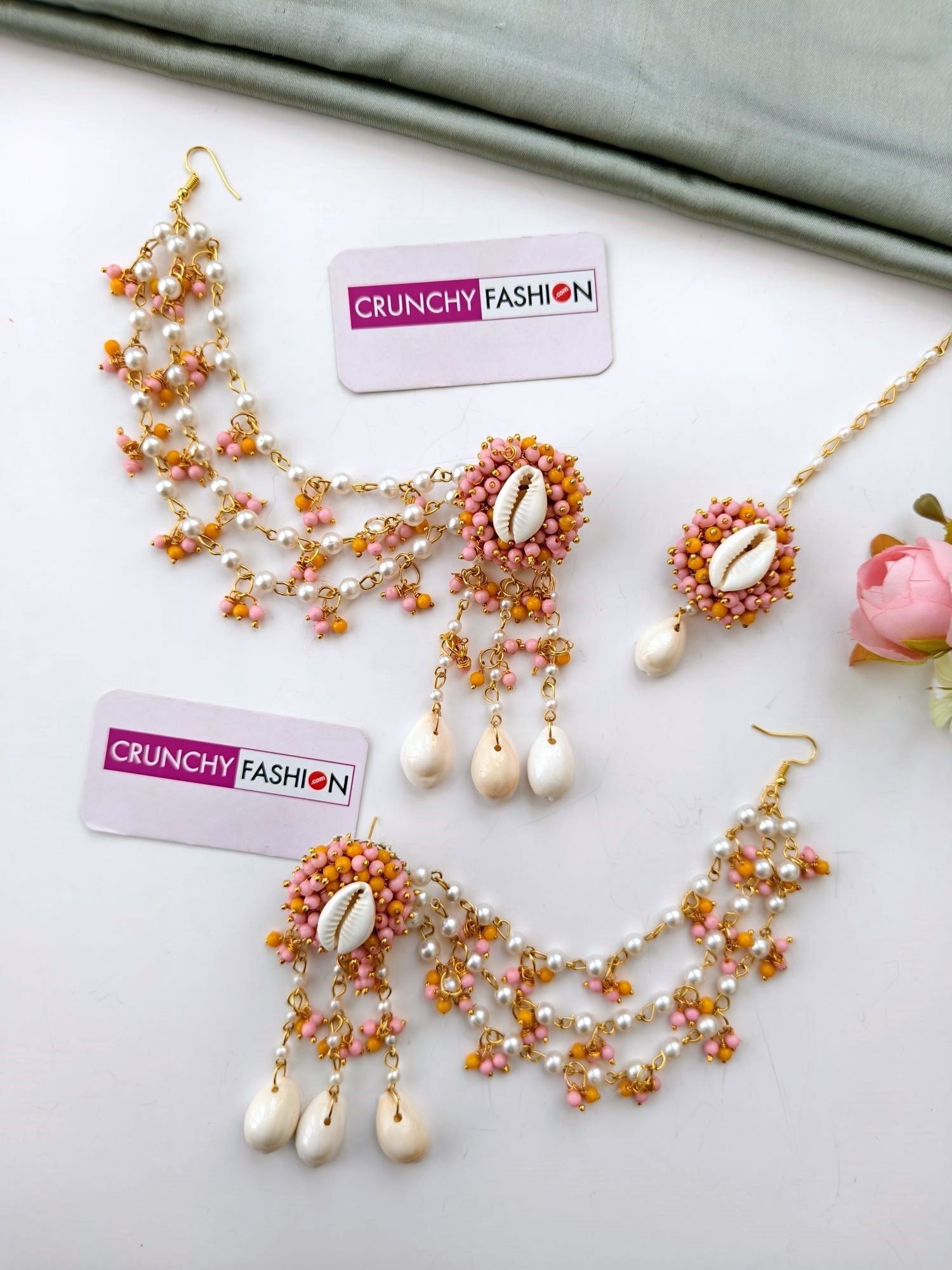 Yellow-PinkPearl & Sea Shell Jewellery Set for women, handmade seashell jewelry with gold plating, floral design