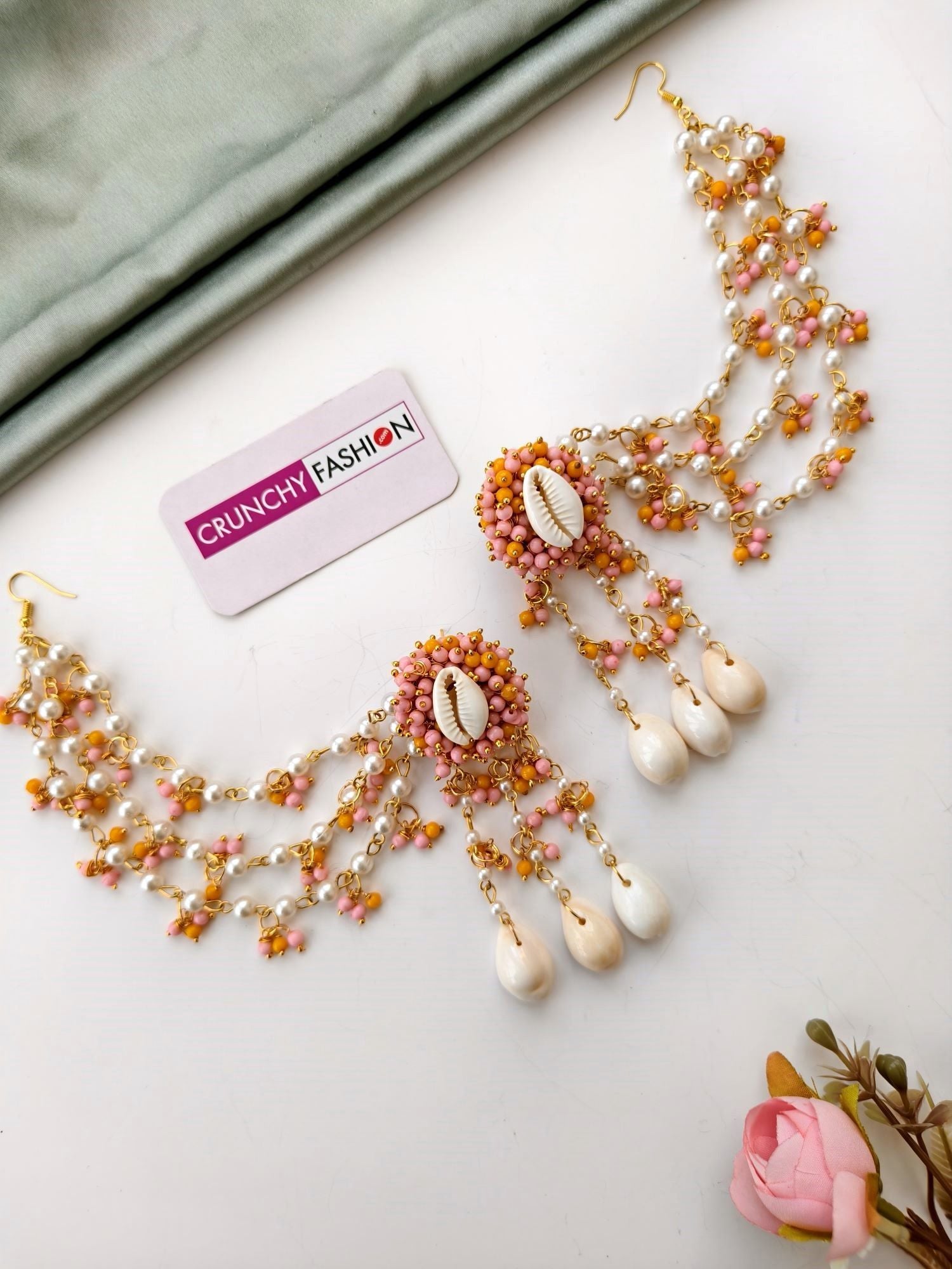 Yellow-PinkPearl & Sea Shell Jewellery Set for women, handmade seashell jewelry with gold plating, floral design