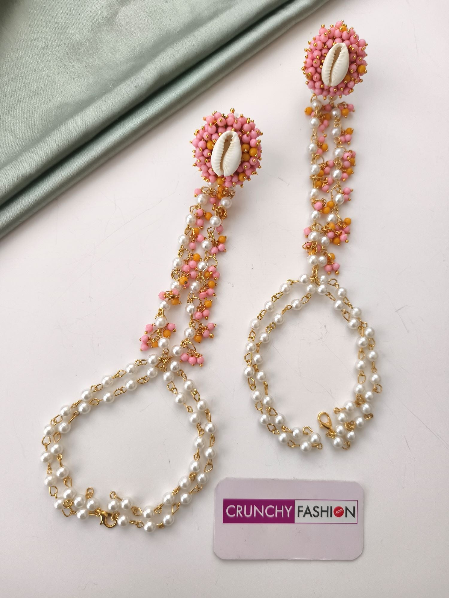 Yellow-PinkPearl & Sea Shell Jewellery Set for women, handmade seashell jewelry with gold plating, floral design