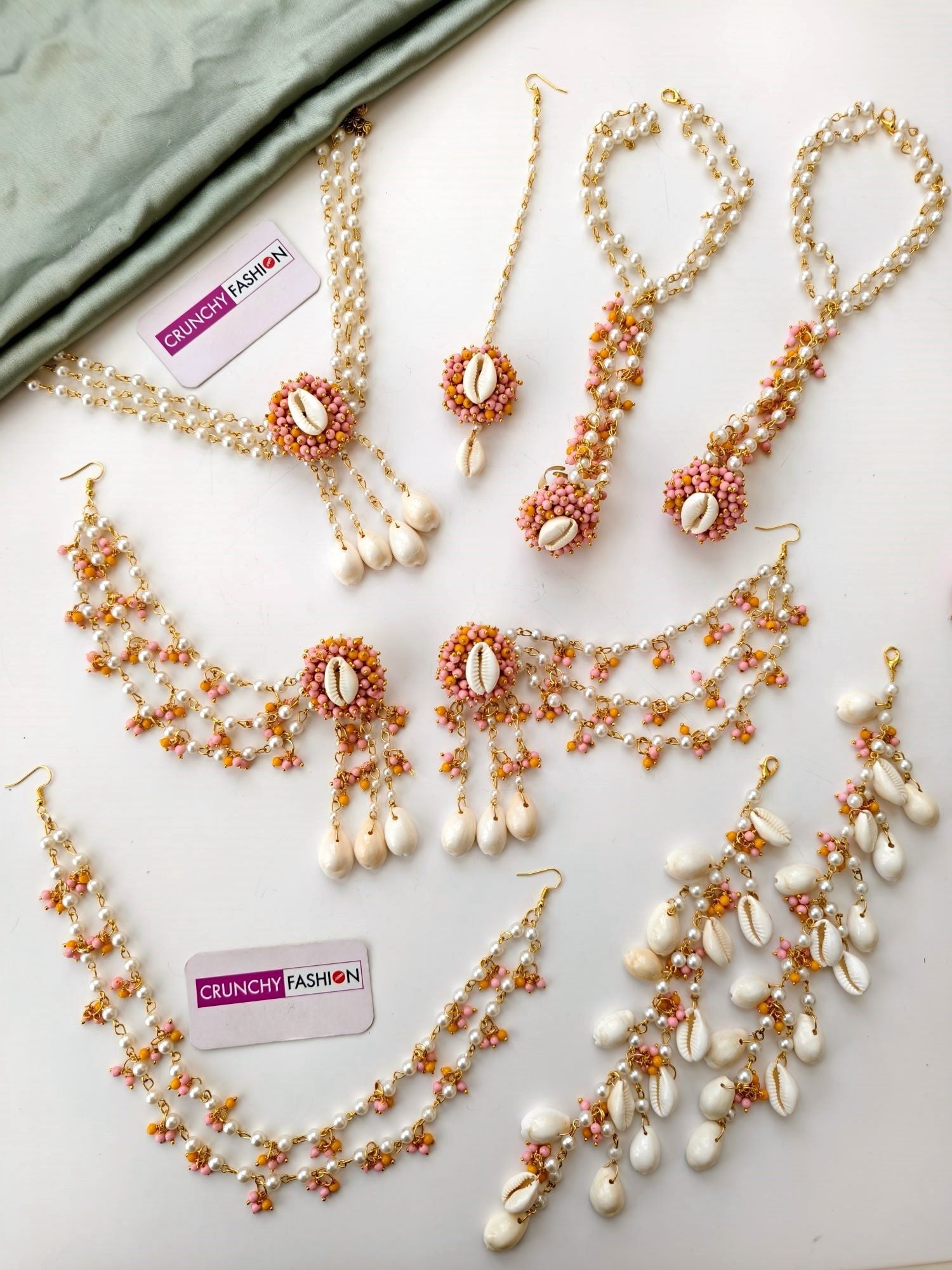 Yellow-PinkPearl & Sea Shell Jewellery Set for women, handmade seashell jewelry with gold plating, floral design