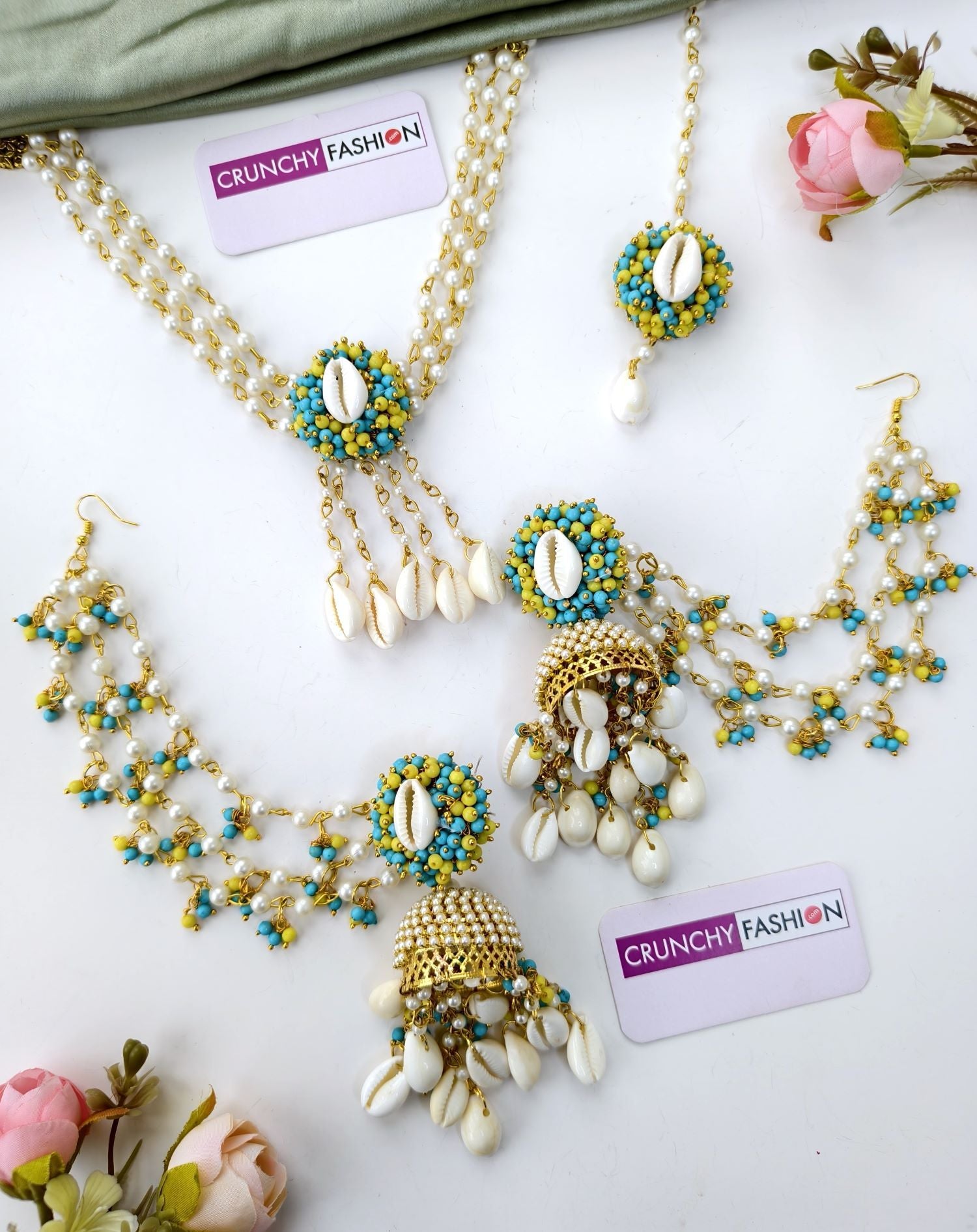 sky blue and yellow cowrie shell jewellery set for haldi mehndi