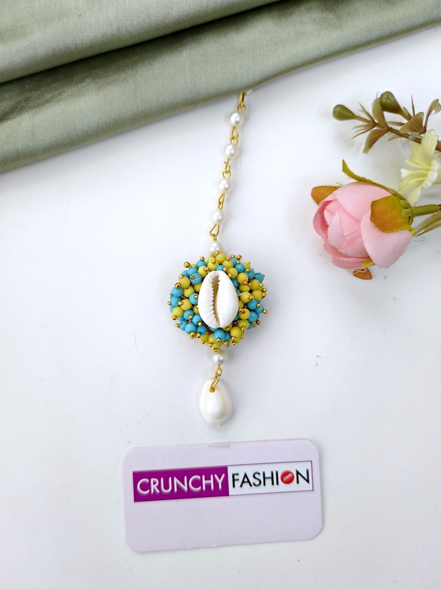 sky blue and yellow cowrie shell jewellery set for haldi mehndi