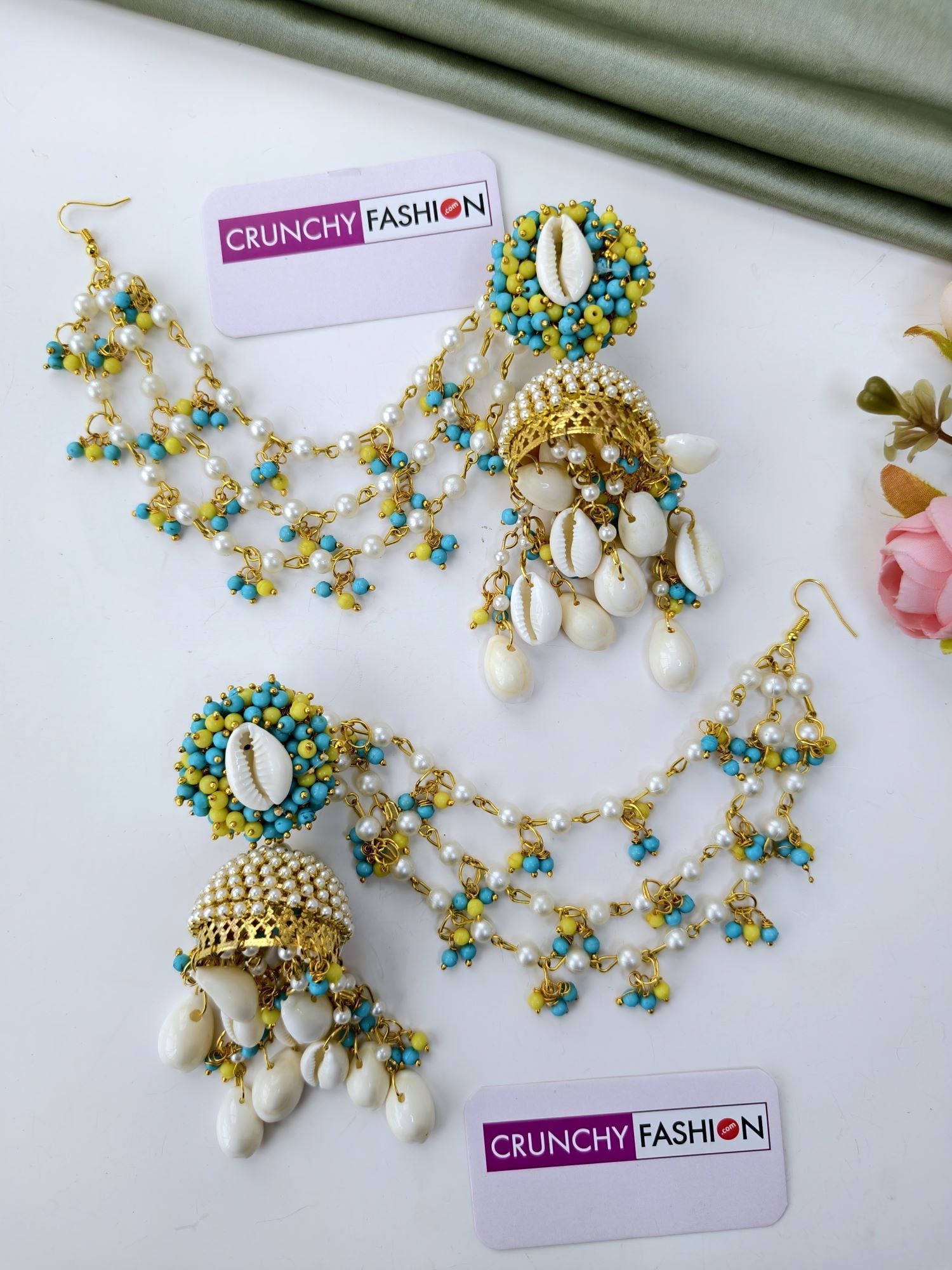 sky blue and yellow cowrie shell jewellery set for haldi mehndi