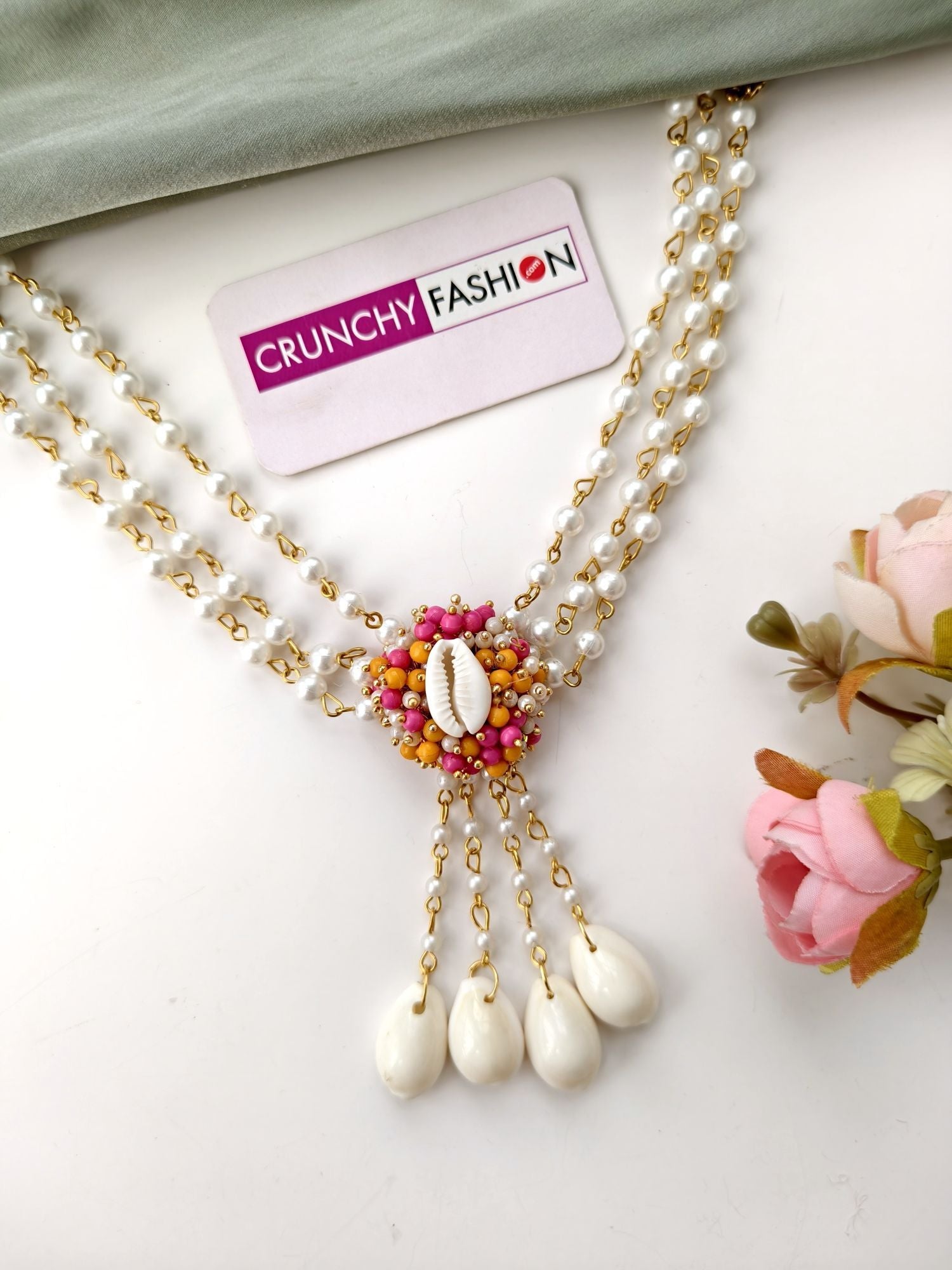 sea shell jewellery set, pink yellow haldi mehendi jewellery for bride