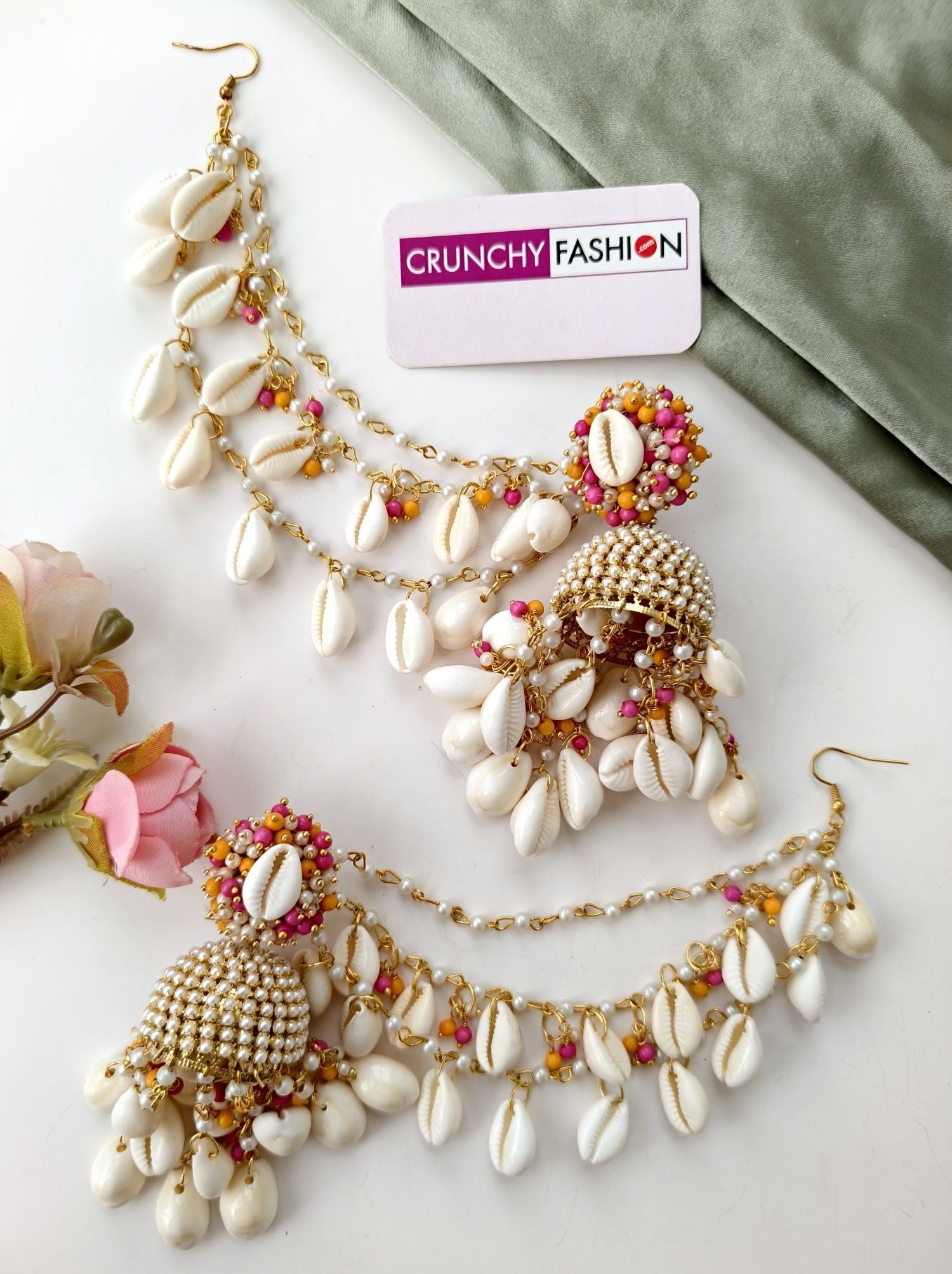 sea shell jewellery set, pink yellow haldi mehendi jewellery for bride