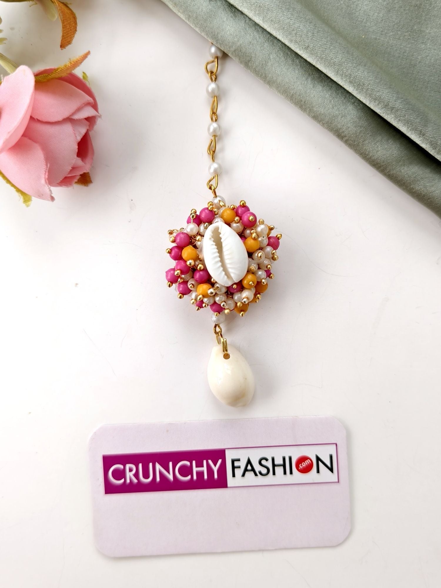 sea shell jewellery set, pink yellow haldi mehendi jewellery for bride