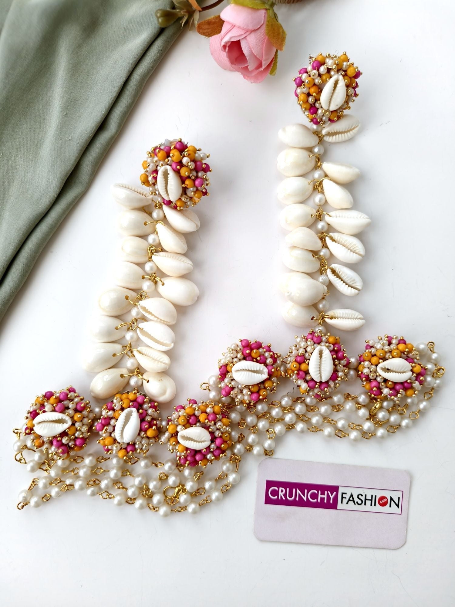 sea shell jewellery set, pink yellow haldi mehendi jewellery for bride