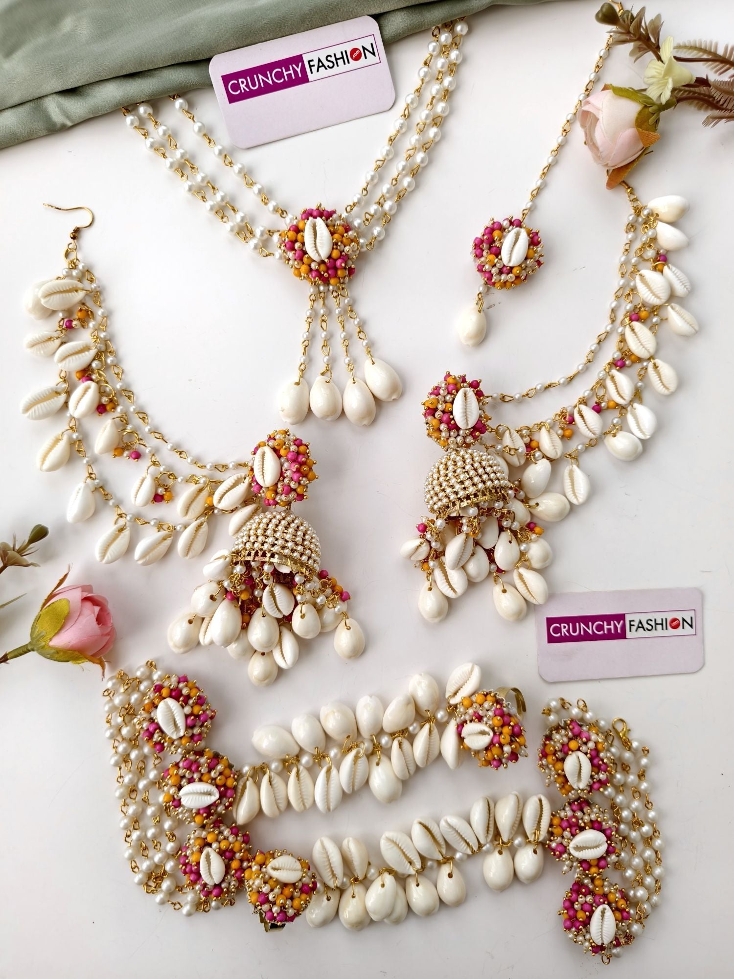 sea shell jewellery set, pink yellow haldi mehendi jewellery for bride