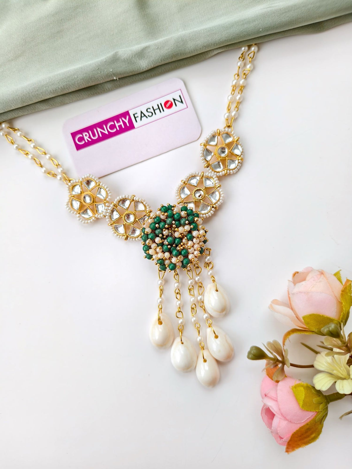 green and white sea shell jewellery set for haldi, mehandi 2026