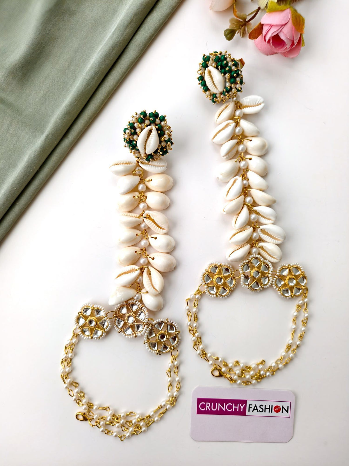 green and white sea shell jewellery set for haldi, mehandi 2026