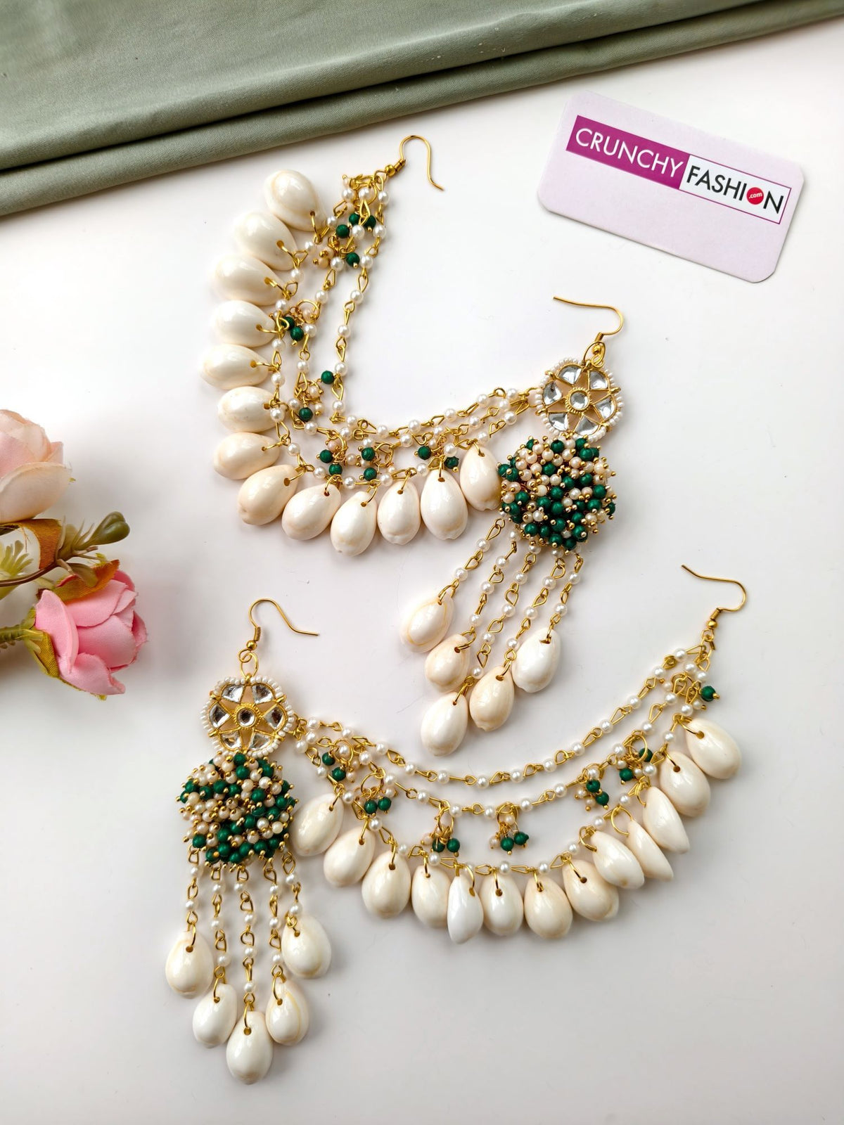 green and white sea shell jewellery set for haldi, mehandi 2026