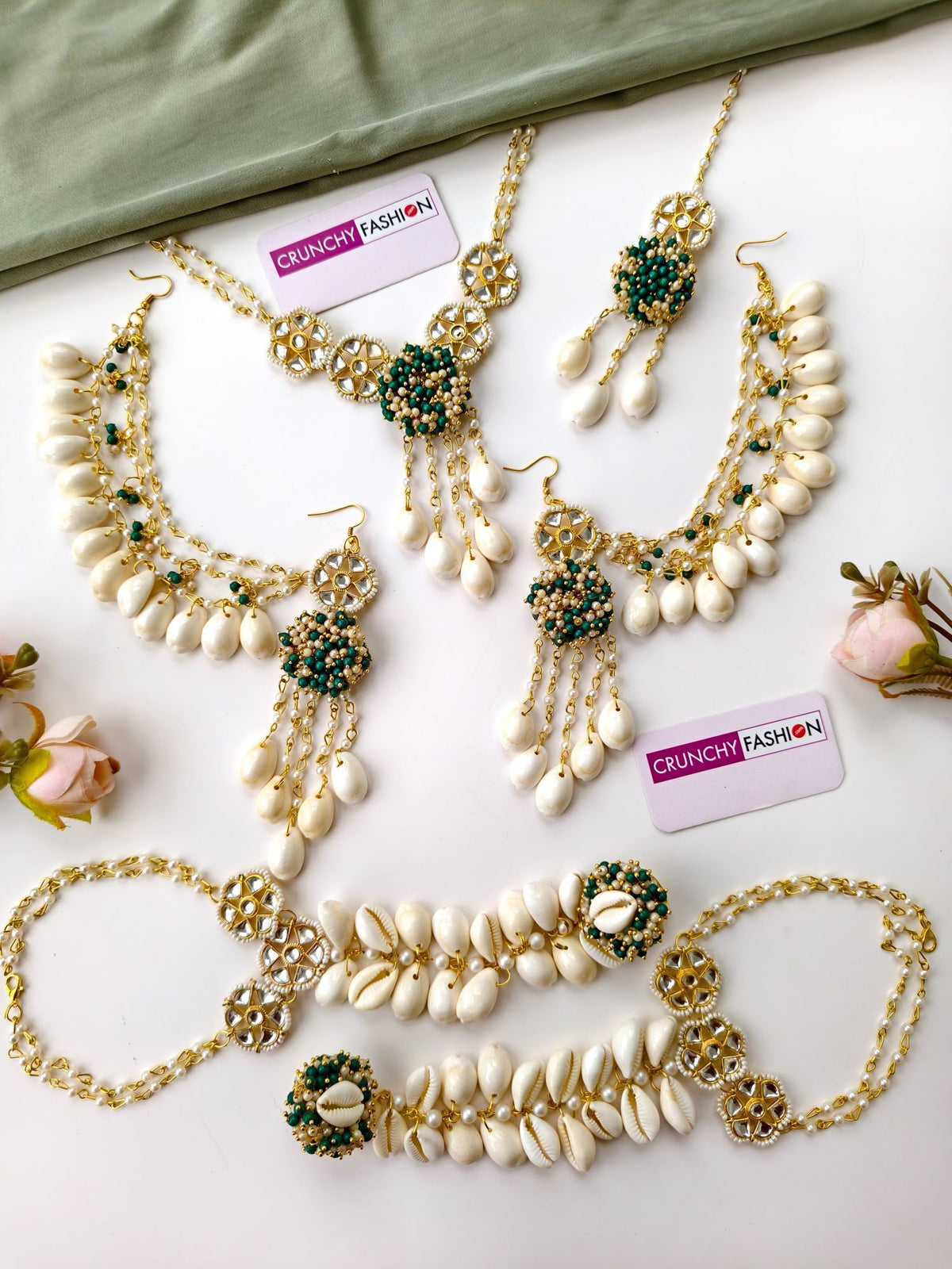 green and white sea shell jewellery set for haldi, mehandi 2026