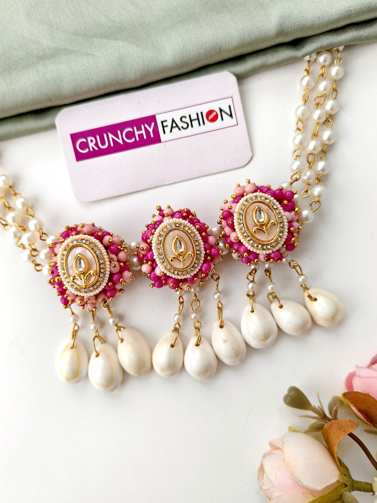 pink sea shell jewellery kundan work set for haldi and brides 2026