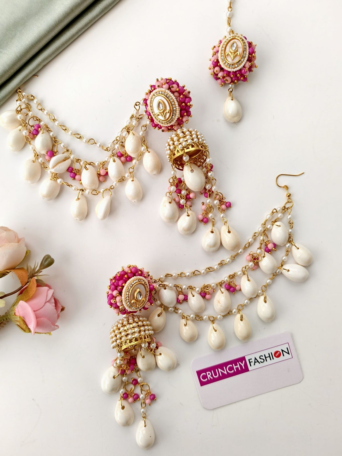 pink sea shell jewellery kundan work set for haldi and brides 2026