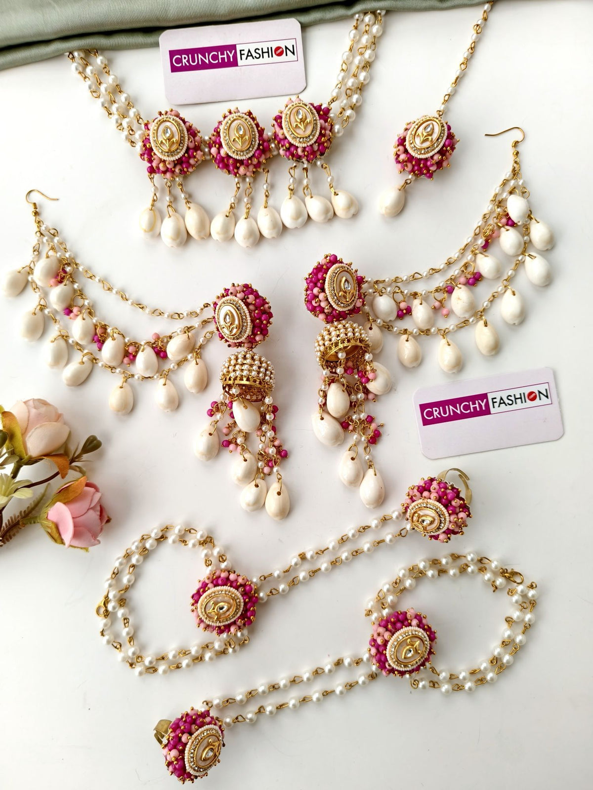pink sea shell jewellery kundan work set for haldi and brides 2026