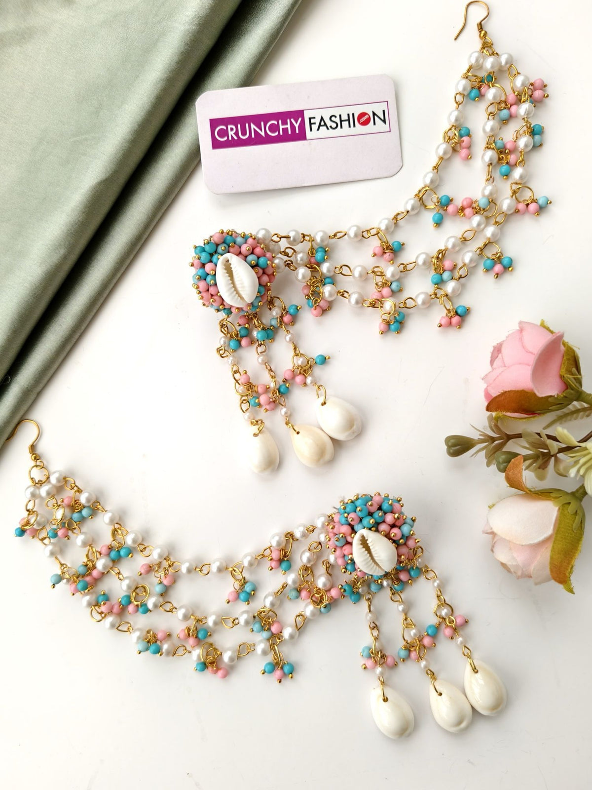 skyblue baby pink seashell jewellery set for haldi mehndi brides 2026