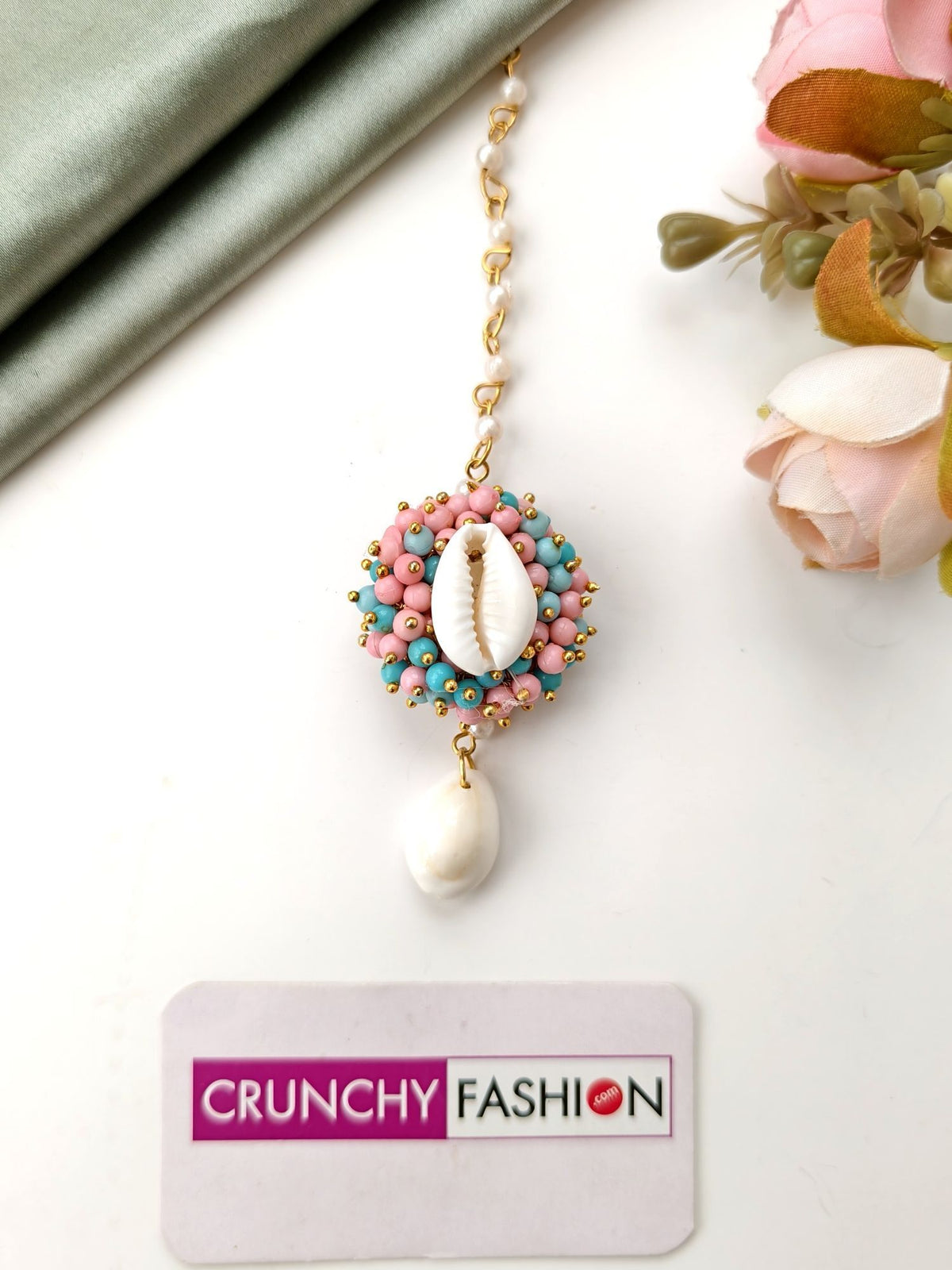 skyblue baby pink seashell jewellery set for haldi mehndi brides 2026