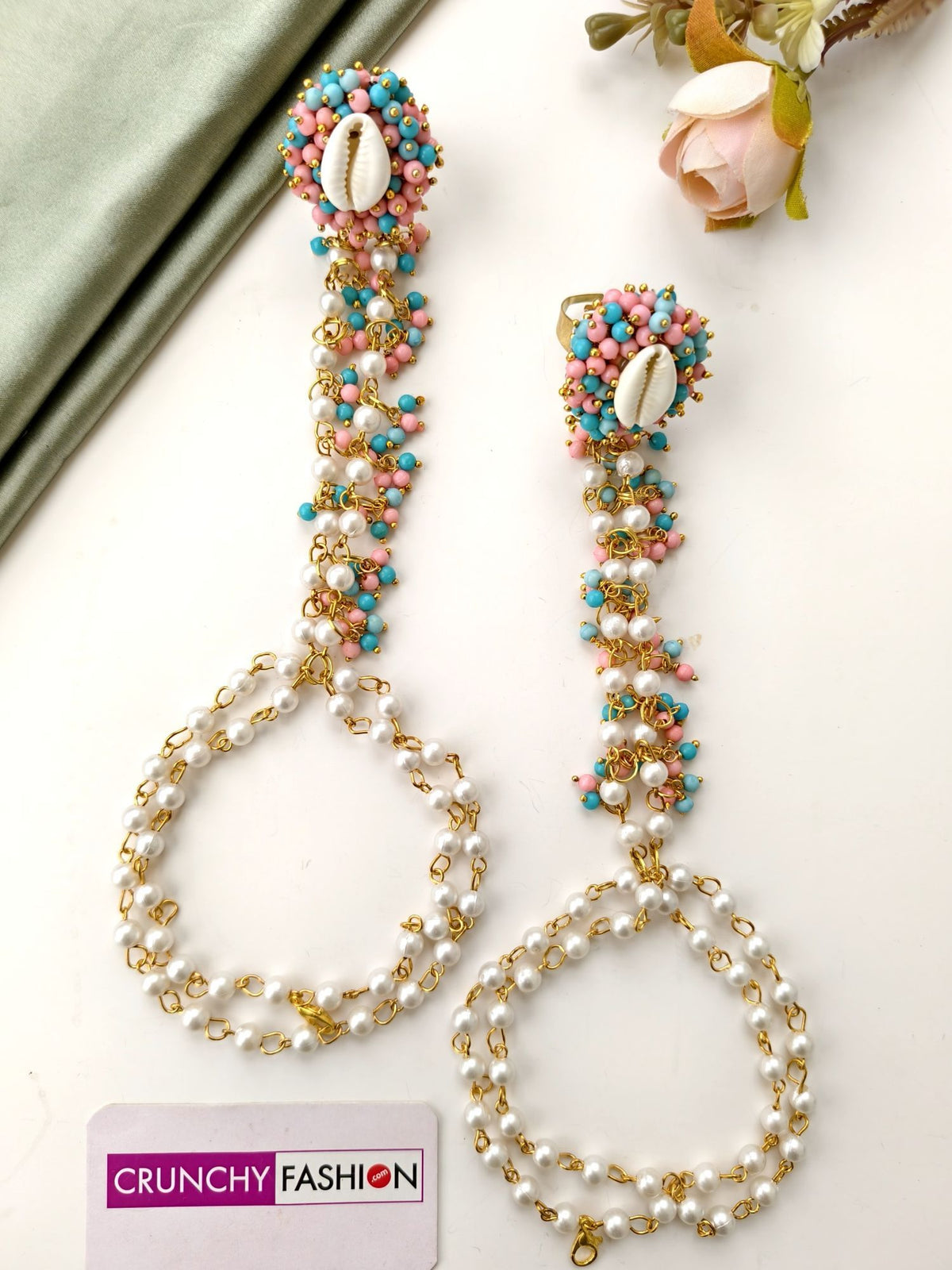 skyblue baby pink seashell jewellery set for haldi mehndi brides 2026