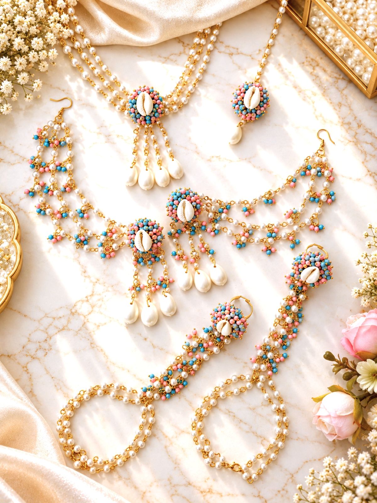 skyblue baby pink seashell jewellery set for haldi mehndi brides 2026