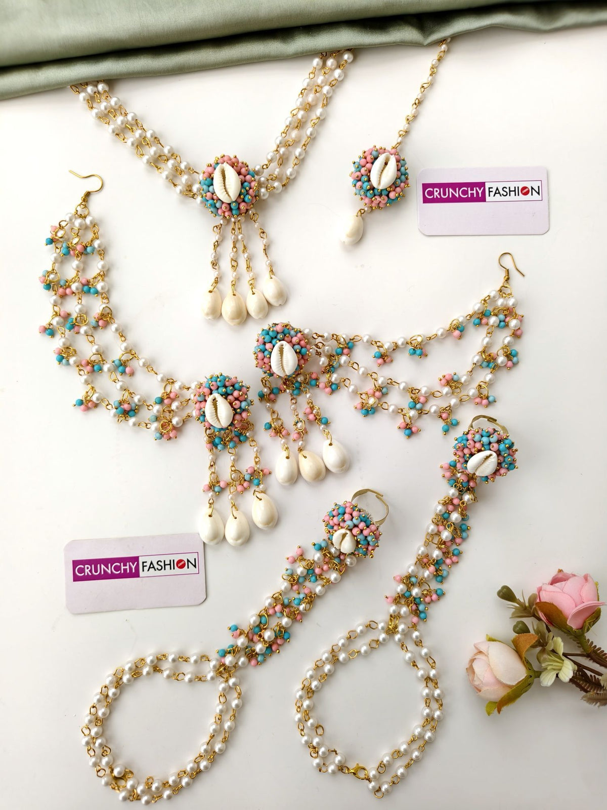 skyblue baby pink seashell jewellery set for haldi mehndi brides 2026