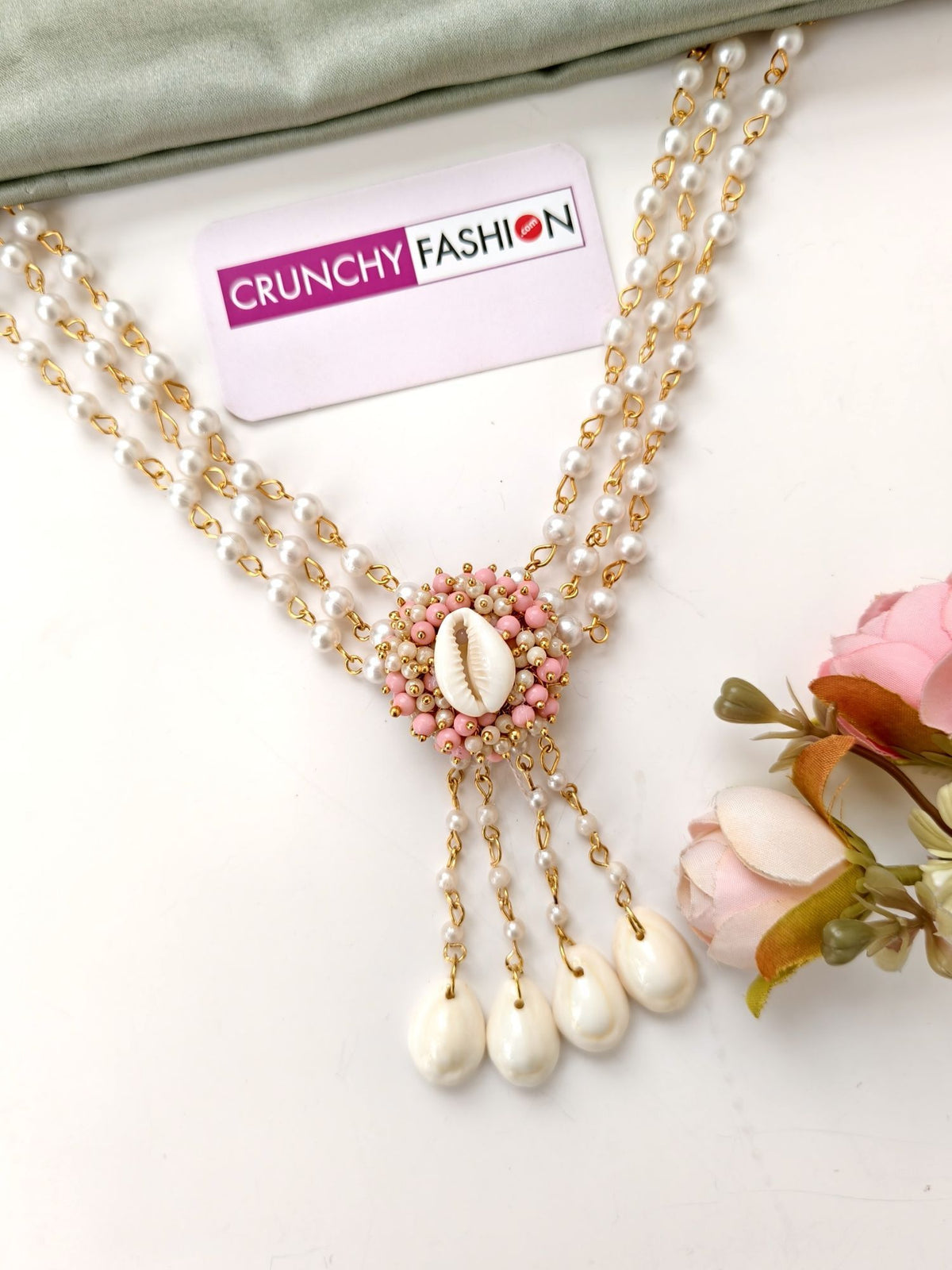 baby pink seashell jewellery set with white pearls for haldi