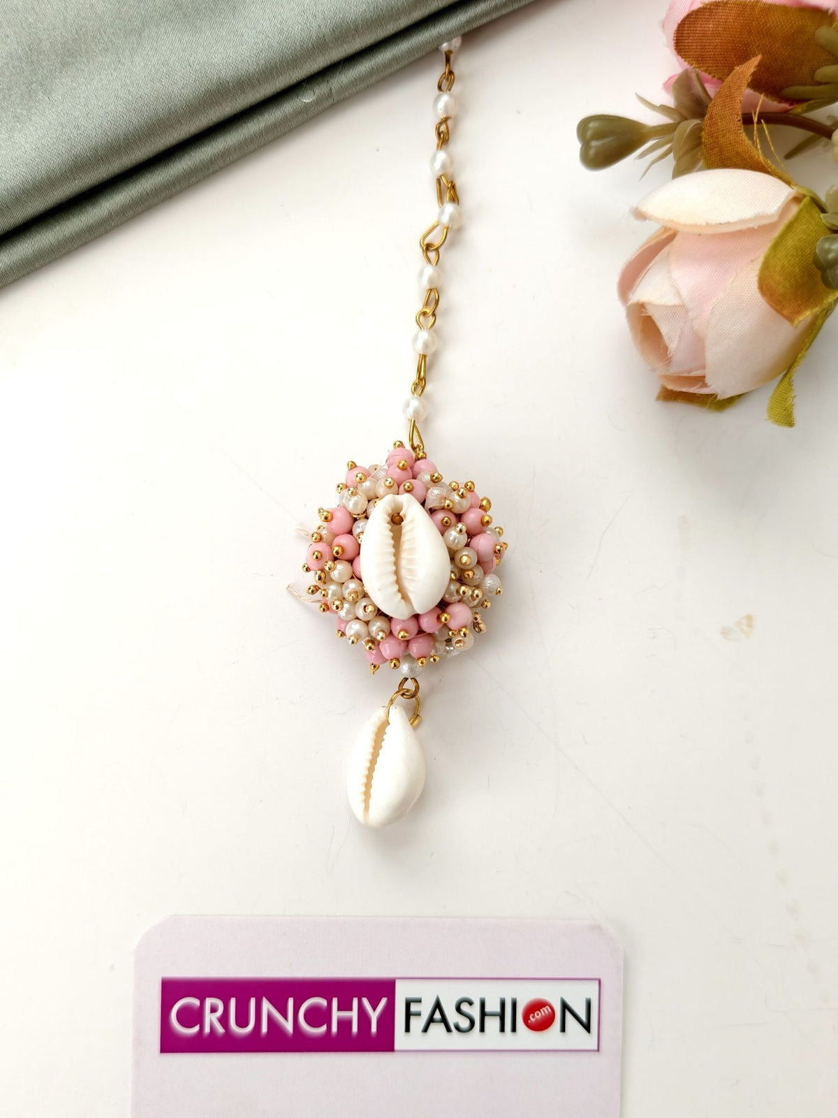 baby pink seashell jewellery set with white pearls for haldi