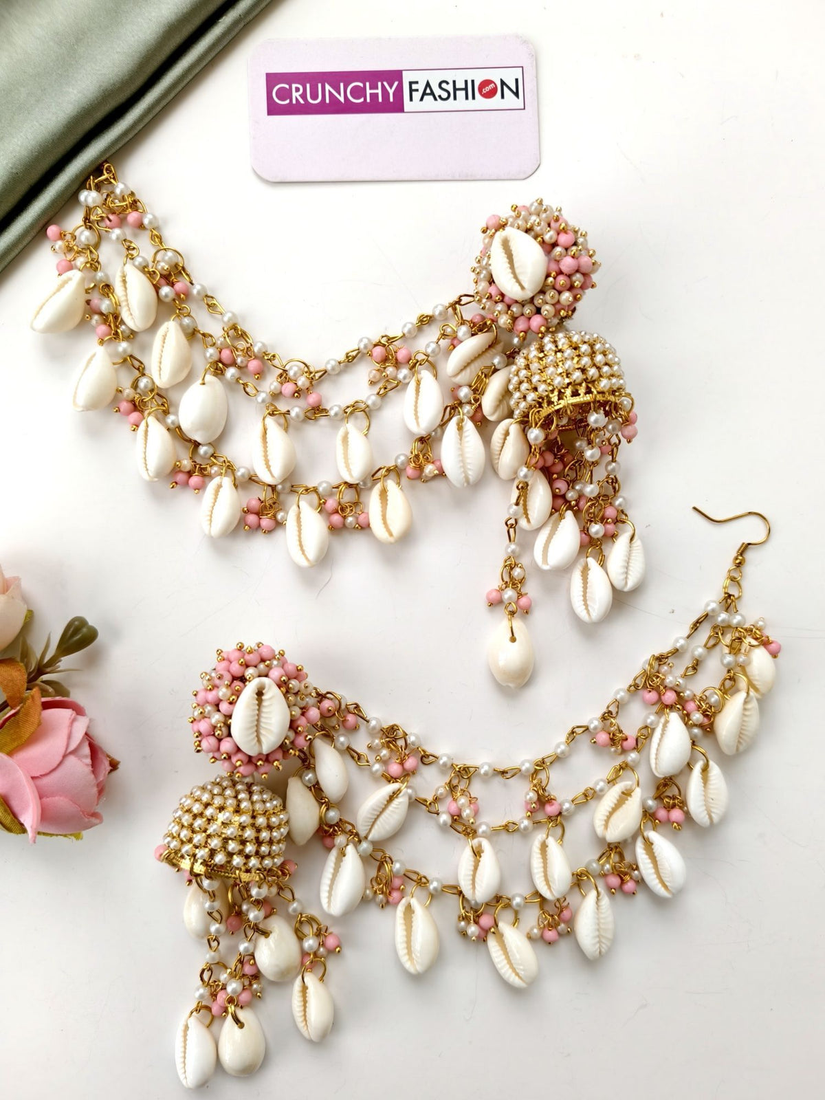 baby pink seashell jewellery set with white pearls for haldi