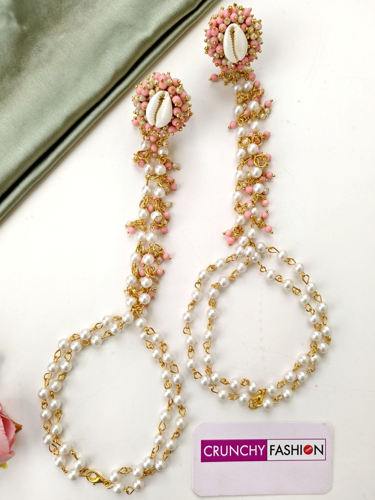 baby pink seashell jewellery set with white pearls for haldi