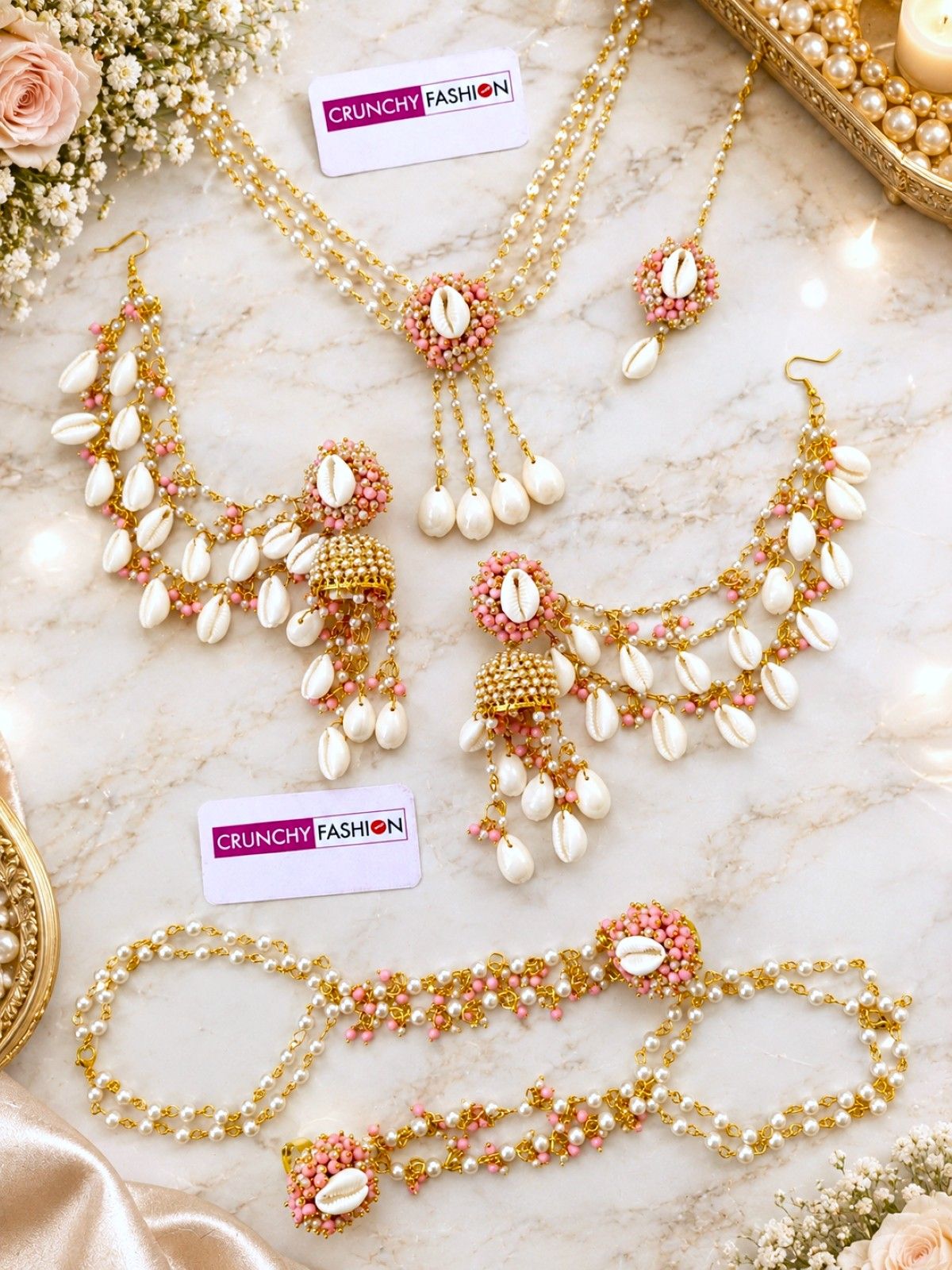 baby pink seashell jewellery set with white pearls for haldi