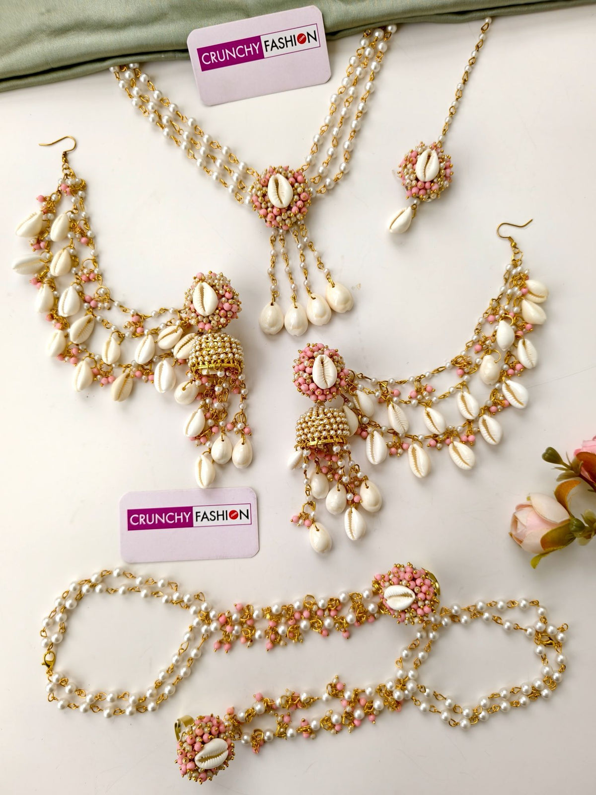 baby pink seashell jewellery set with white pearls for haldi