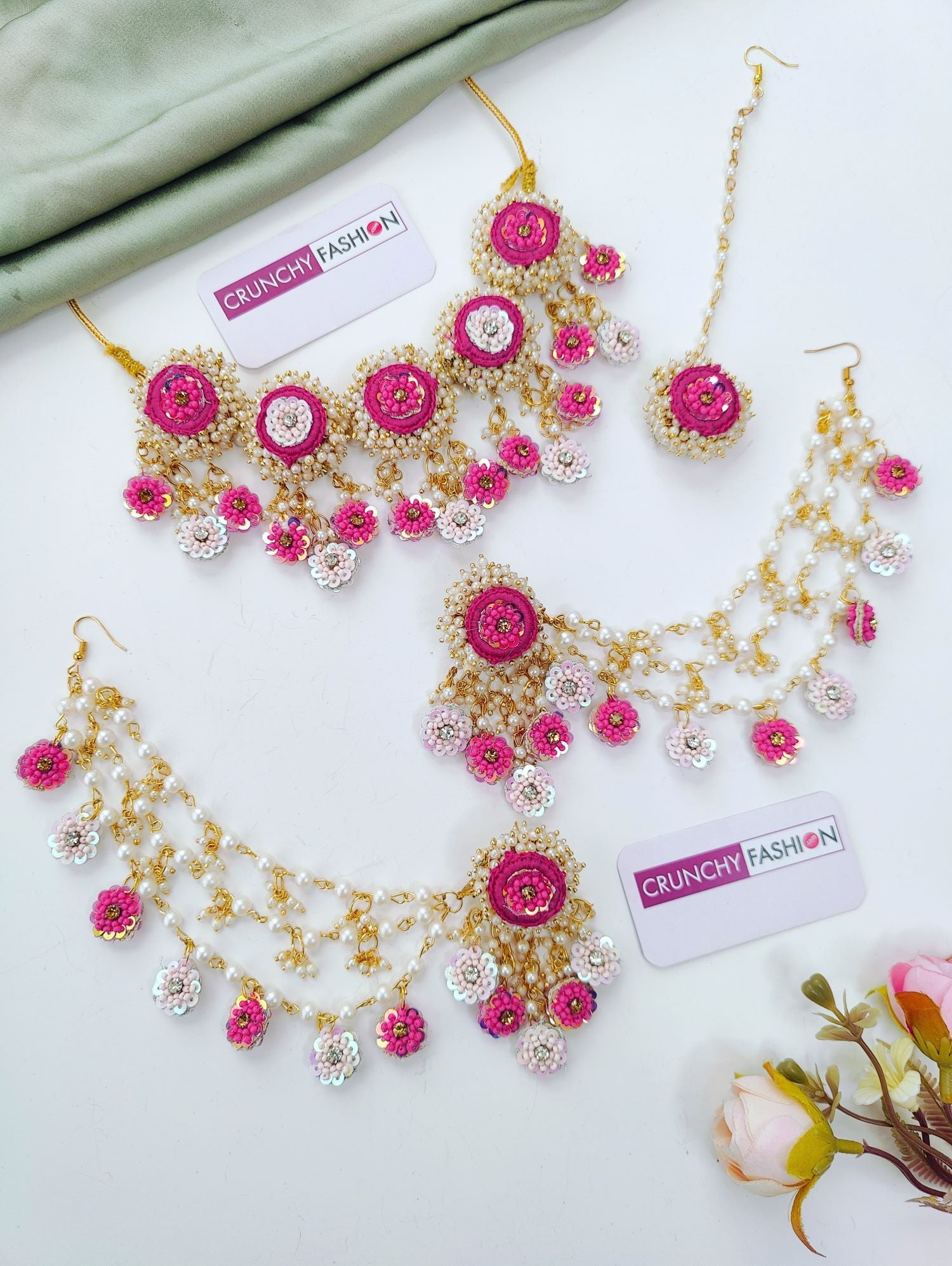 pink haldi jewellery set featuring handmade floral pieces, ideal for bridal mehendi and haldi ceremonies in 2026