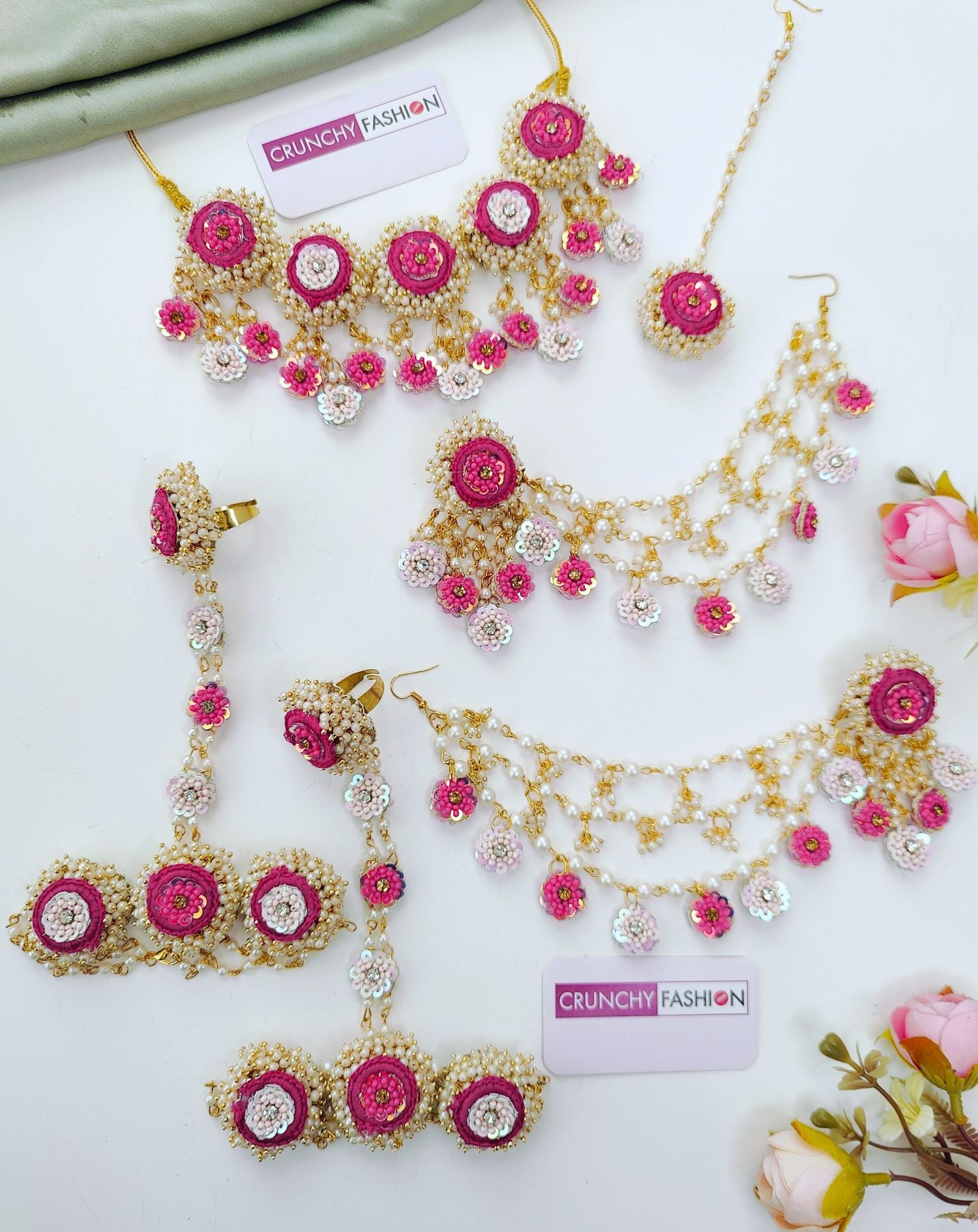 pink haldi jewellery set featuring handmade floral pieces, ideal for bridal mehendi and haldi ceremonies in 2026