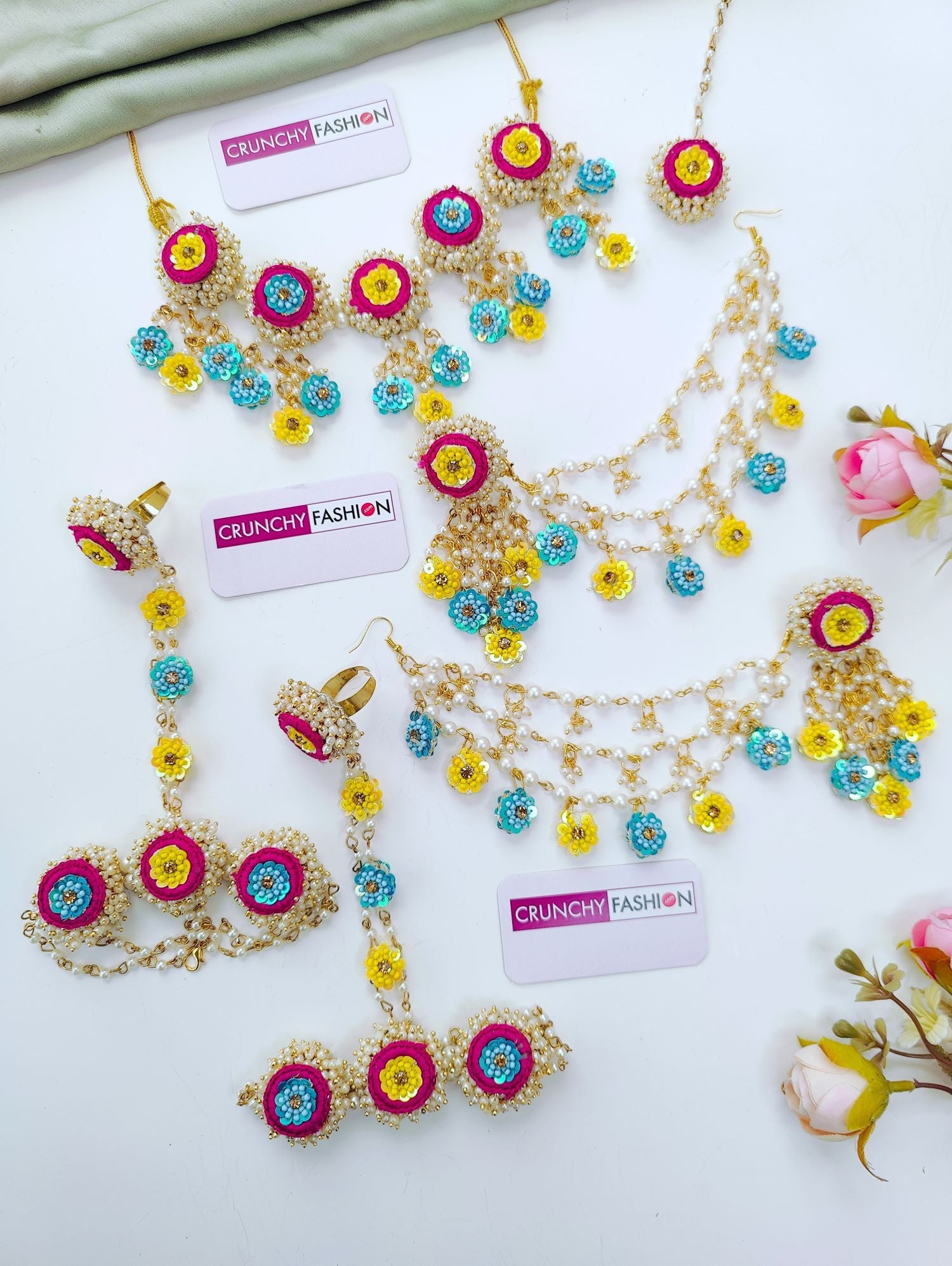 Pink, yellow, sky blue haldi jewellery set with handmade floral , ideal bridal floral jewellery for haldi ceremony 2026